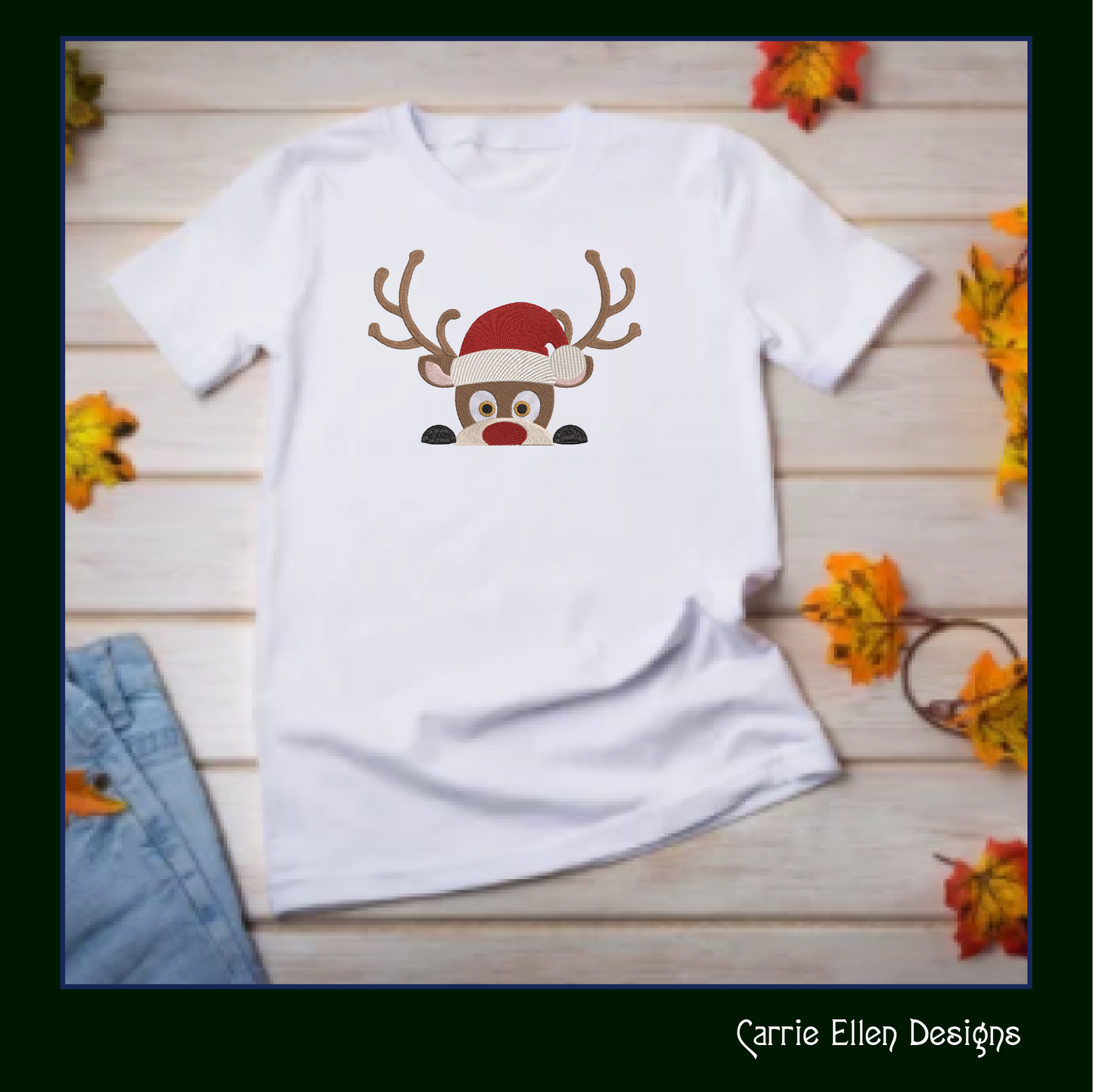 Christmas Machine Embroidery Design, Reindeer in Santa Hat, Peeking Red Nose Rudolf, Holiday Cartoon, 6 Sizes (3073)
