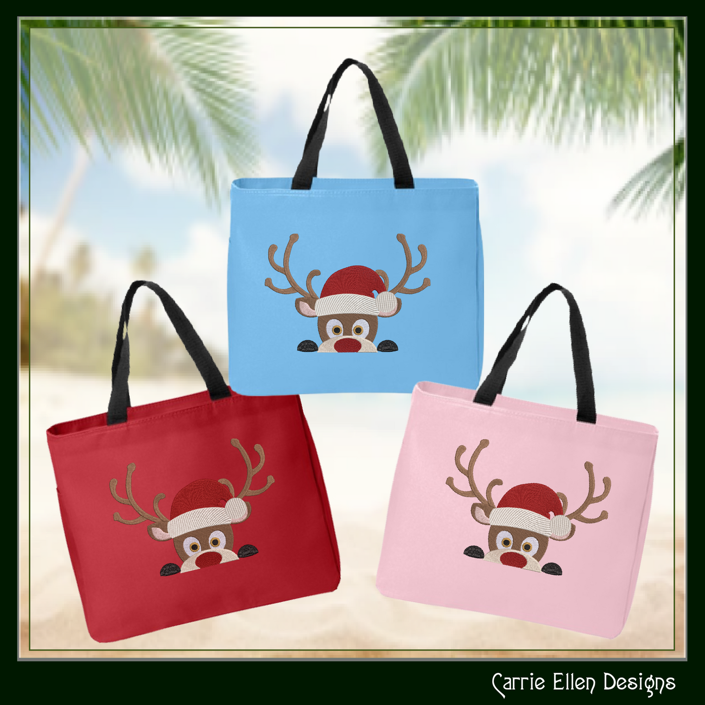 Christmas Machine Embroidery Design, Reindeer in Santa Hat, Peeking Red Nose Rudolf, Holiday Cartoon, 6 Sizes (3073)
