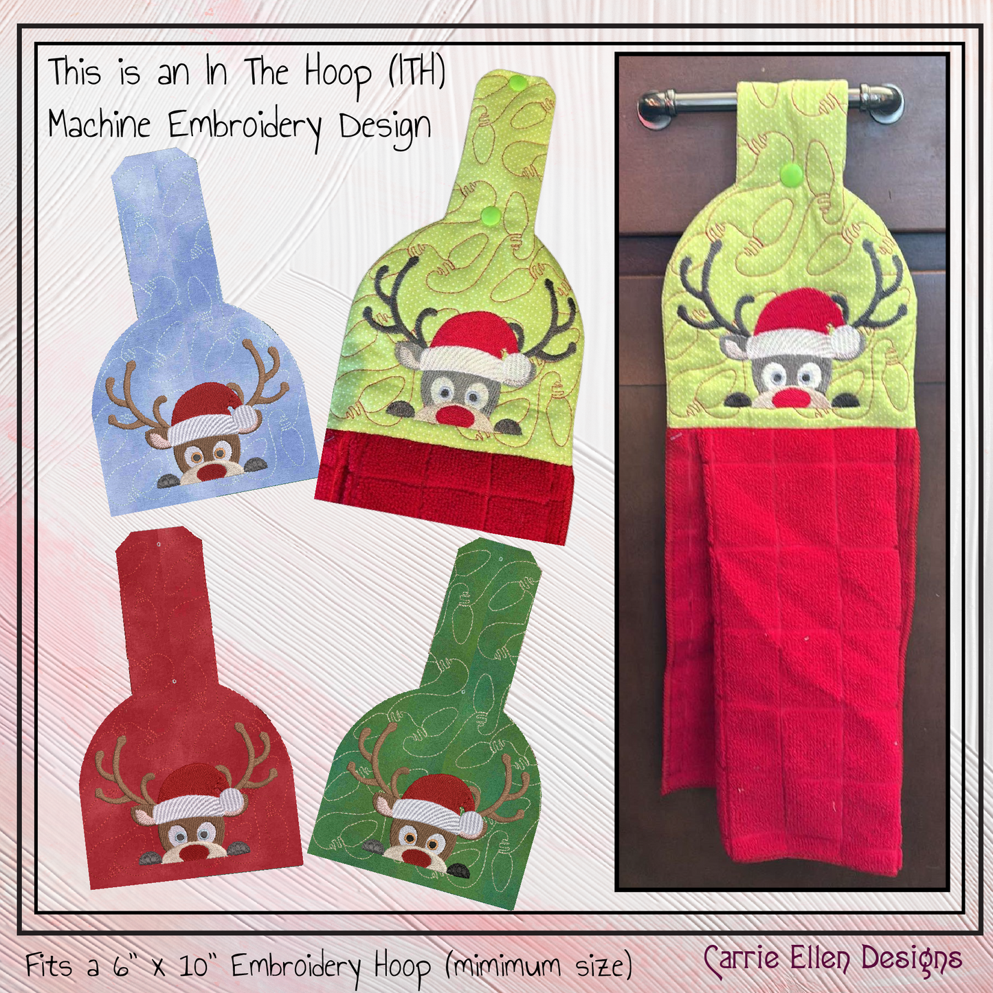Christmas ITH Towel Topper Machine Embroidery Design, Peeking Red Nosed Reindeer, In The Hoop Kitchen Towel Hanger Design (3074)