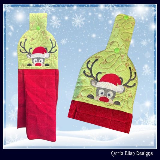 Christmas ITH Towel Topper Machine Embroidery Design, Peeking Red Nosed Reindeer, In The Hoop Kitchen Towel Hanger Design (3074)
