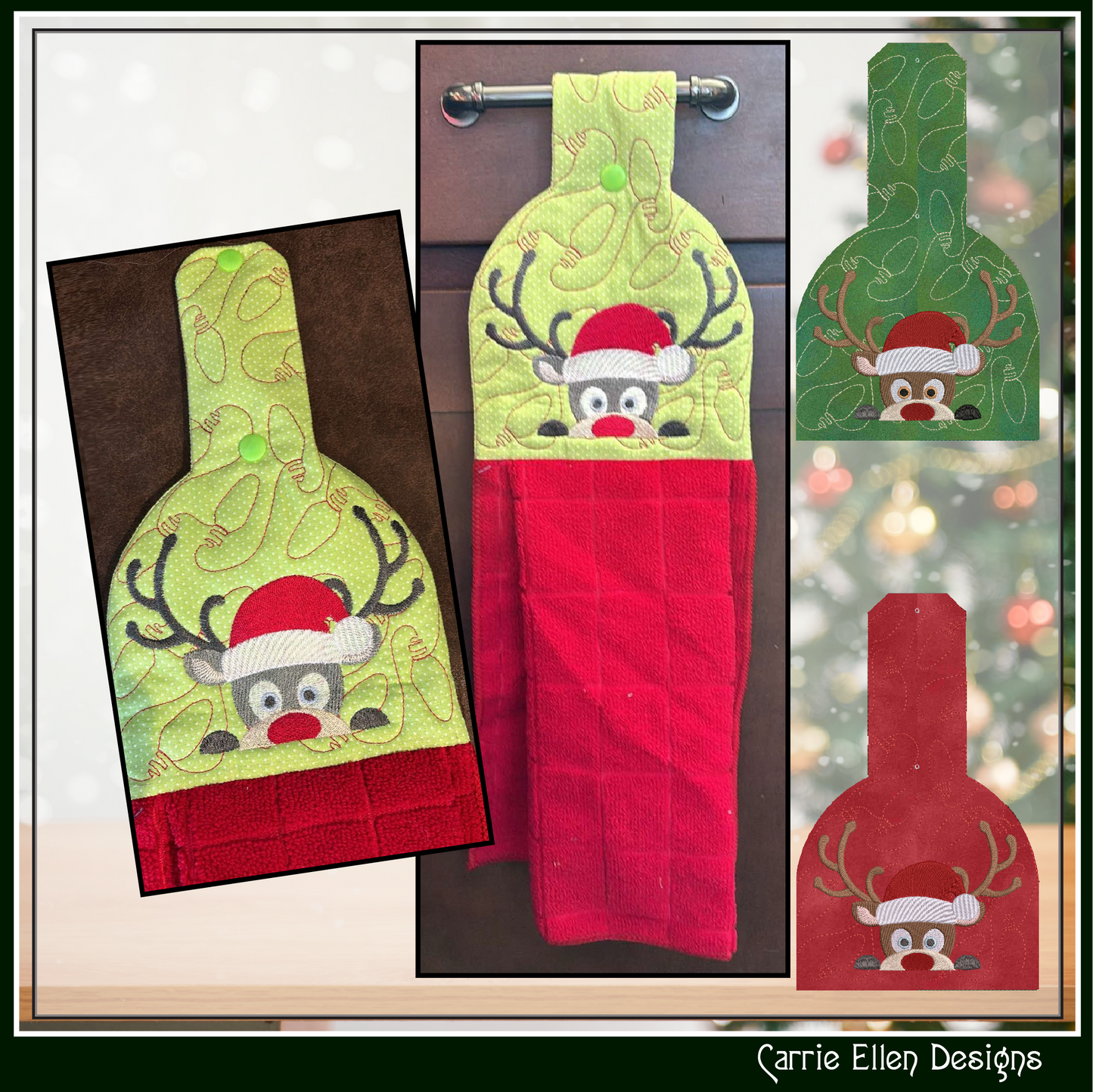 Christmas ITH Towel Topper Embroidery Design Set, Peeking Santa, Peeking Reindeer, In The Hoop Kitchen Towel Hanger Set Designs, 2 individual design files (3081)