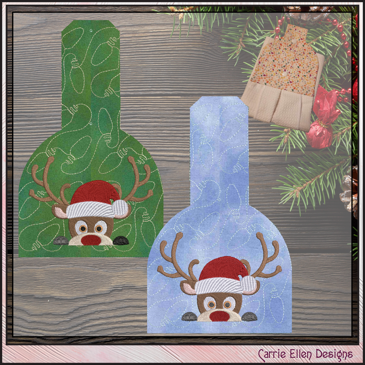 Christmas ITH Towel Topper Machine Embroidery Design, Peeking Red Nosed Reindeer, In The Hoop Kitchen Towel Hanger Design (3074)