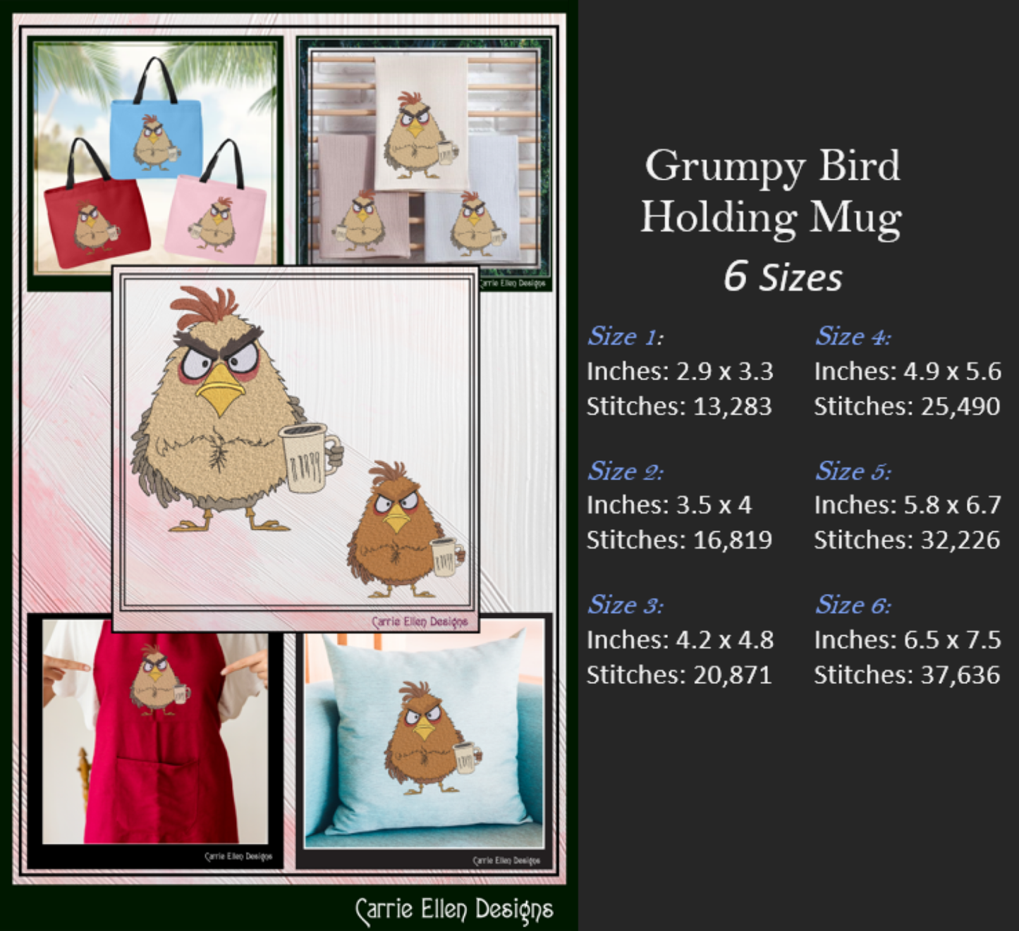 Seriously Grumpy Bird Holding Mug Machine Embroidery Design – Funny Bird Design, 6 Sizes (3078)