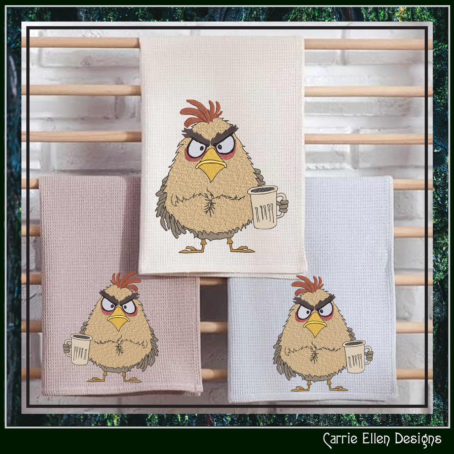 Seriously Grumpy Bird Holding Mug Machine Embroidery Design – Funny Bird Design, 6 Sizes (3078)