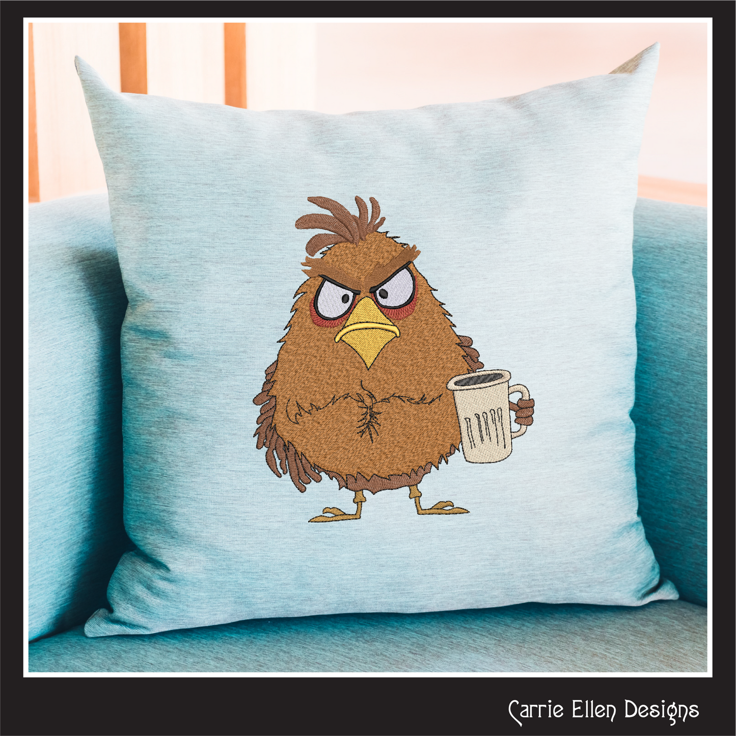 Seriously Grumpy Bird Holding Mug Machine Embroidery Design – Funny Bird Design, 6 Sizes (3078)