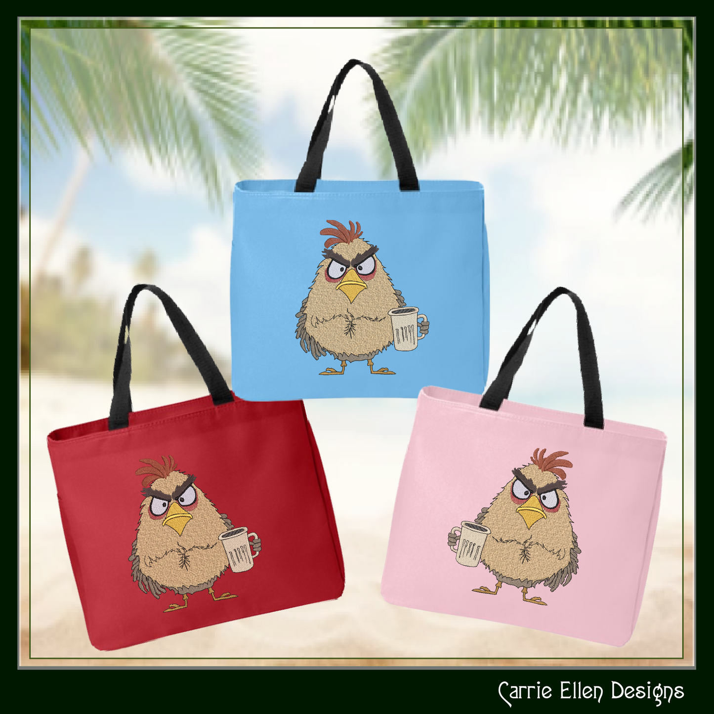 Seriously Grumpy Bird Holding Mug Machine Embroidery Design – Funny Bird Design, 6 Sizes (3078)