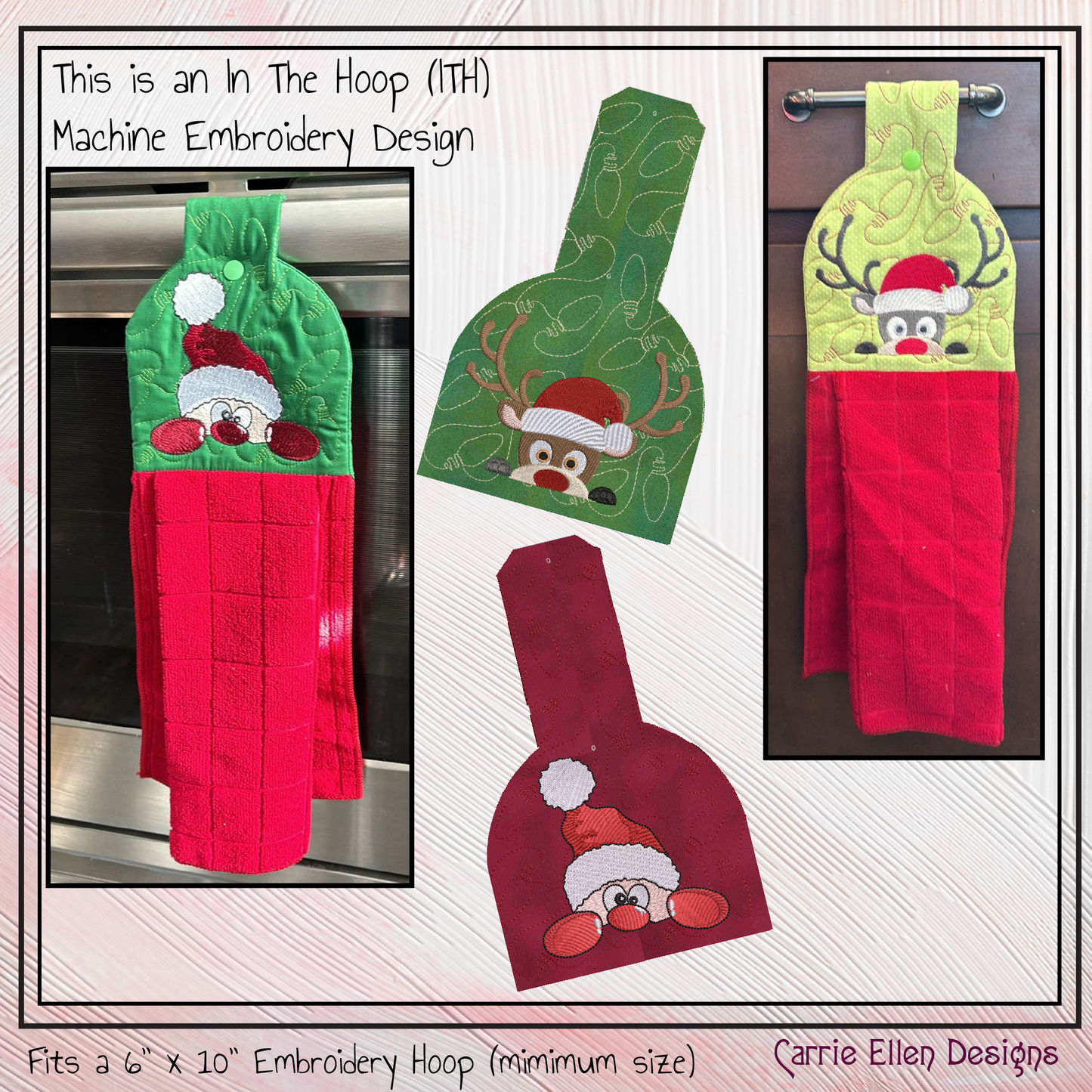 Christmas ITH Towel Topper Embroidery Design Set, Peeking Santa, Peeking Reindeer, In The Hoop Kitchen Towel Hanger Set Designs, 2 individual design files (3081)