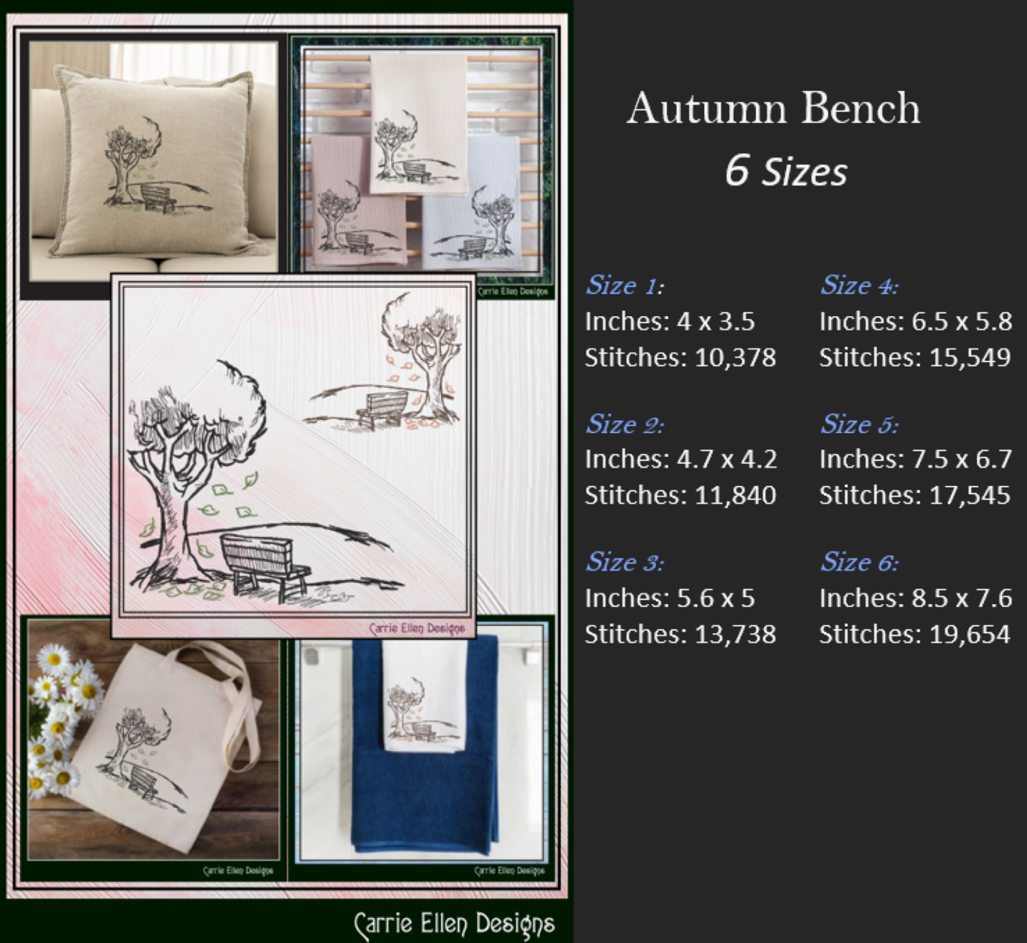 Park Bench Machine Embroidery Design, Autumn Season Line Art Drawing, Falling Leaves and Bench Design, 6 Sizes (3149)