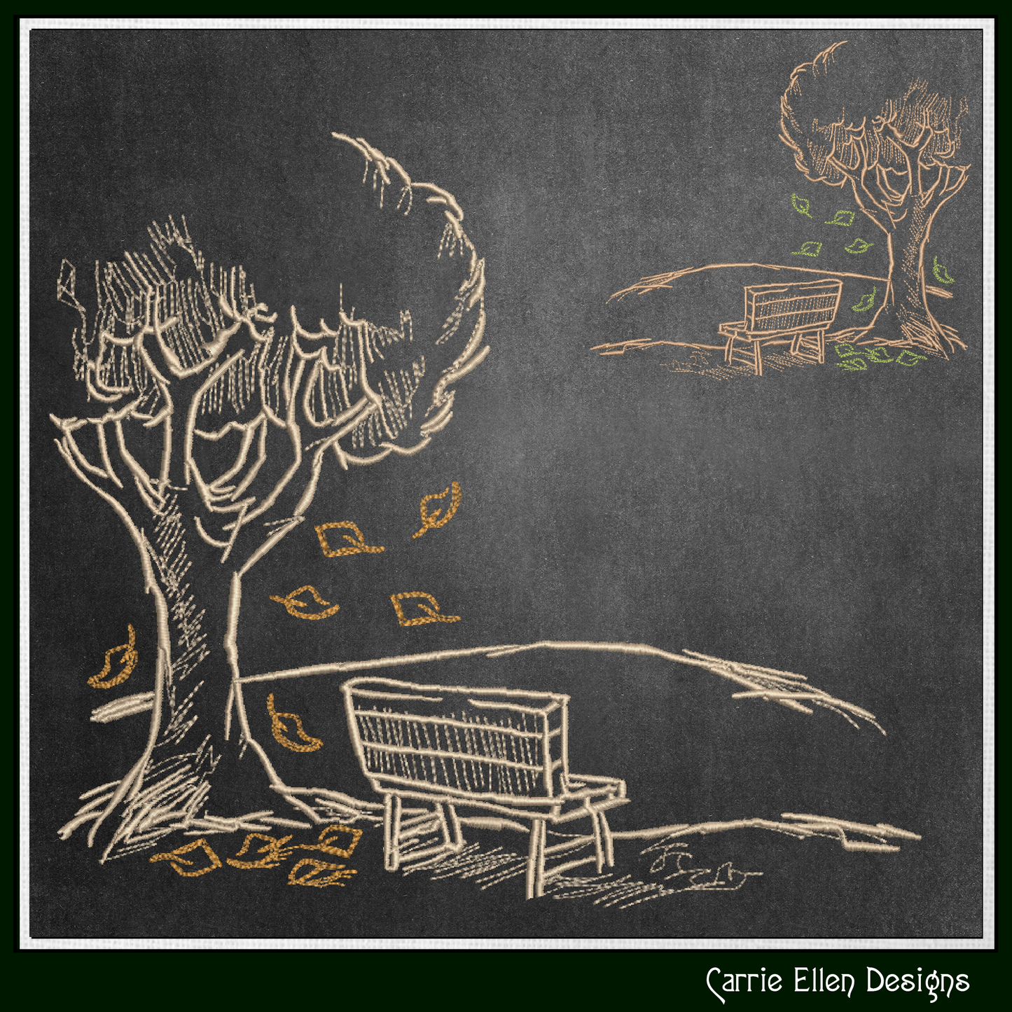 Park Bench Machine Embroidery Design, Autumn Season Line Art Drawing, Falling Leaves and Bench Design, 6 Sizes (3149)