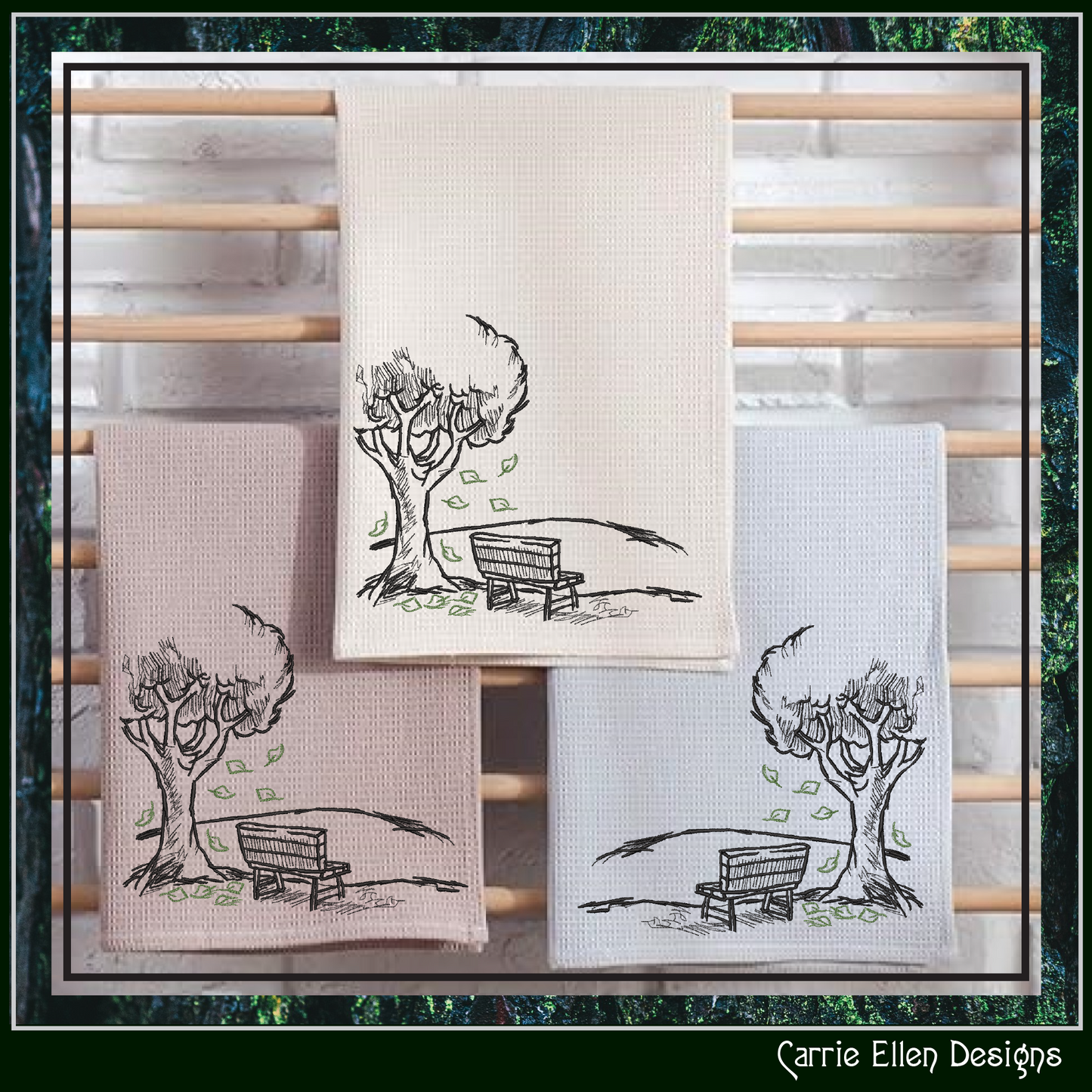 Park Bench Machine Embroidery Design, Autumn Season Line Art Drawing, Falling Leaves and Bench Design, 6 Sizes (3149)