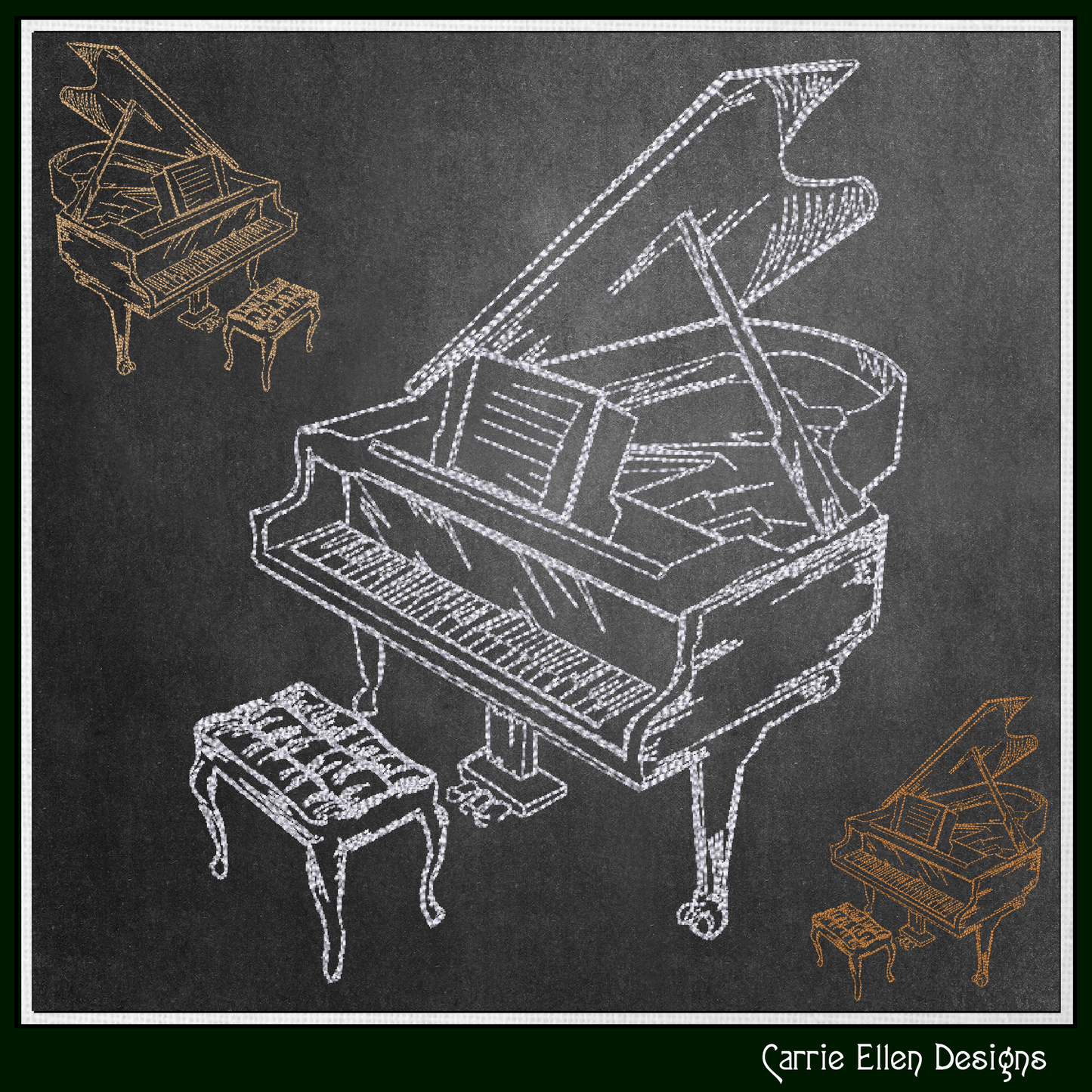 Piano Machine Embroidery Design, Musical Instrument, Baby Grand, Ivory Keyboard, 6 Sizes (3156)