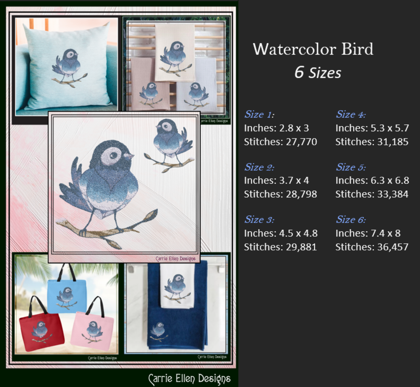 Bird Machine Embroidery Design, Artistic Watercolor Photo Stitch Bird, Nature Lover Gift, 6 Sizes (3165)