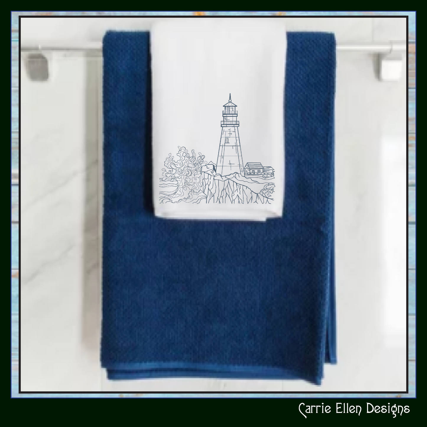 Lighthouse Embroidery Design – Cliffside Lighthouse Sketch, Coastal Island Design, 6 Sizes (3179)