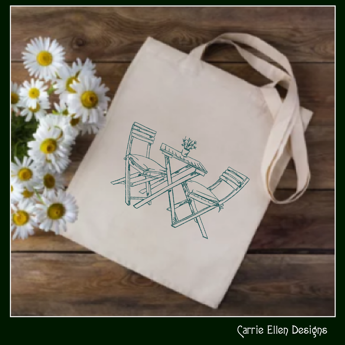 Patio Table Machine Embroidery Design, Wooden Table and Chairs Sketch Design, Relaxing Porch Seating Setting, 6 Sizes (3181)