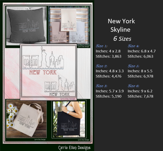 New York Machine Embroidery Design, NY Skyline Line Art, Statue of Liberty City Drawing, Brooklyn Bridge, 6 Sizes (3183)