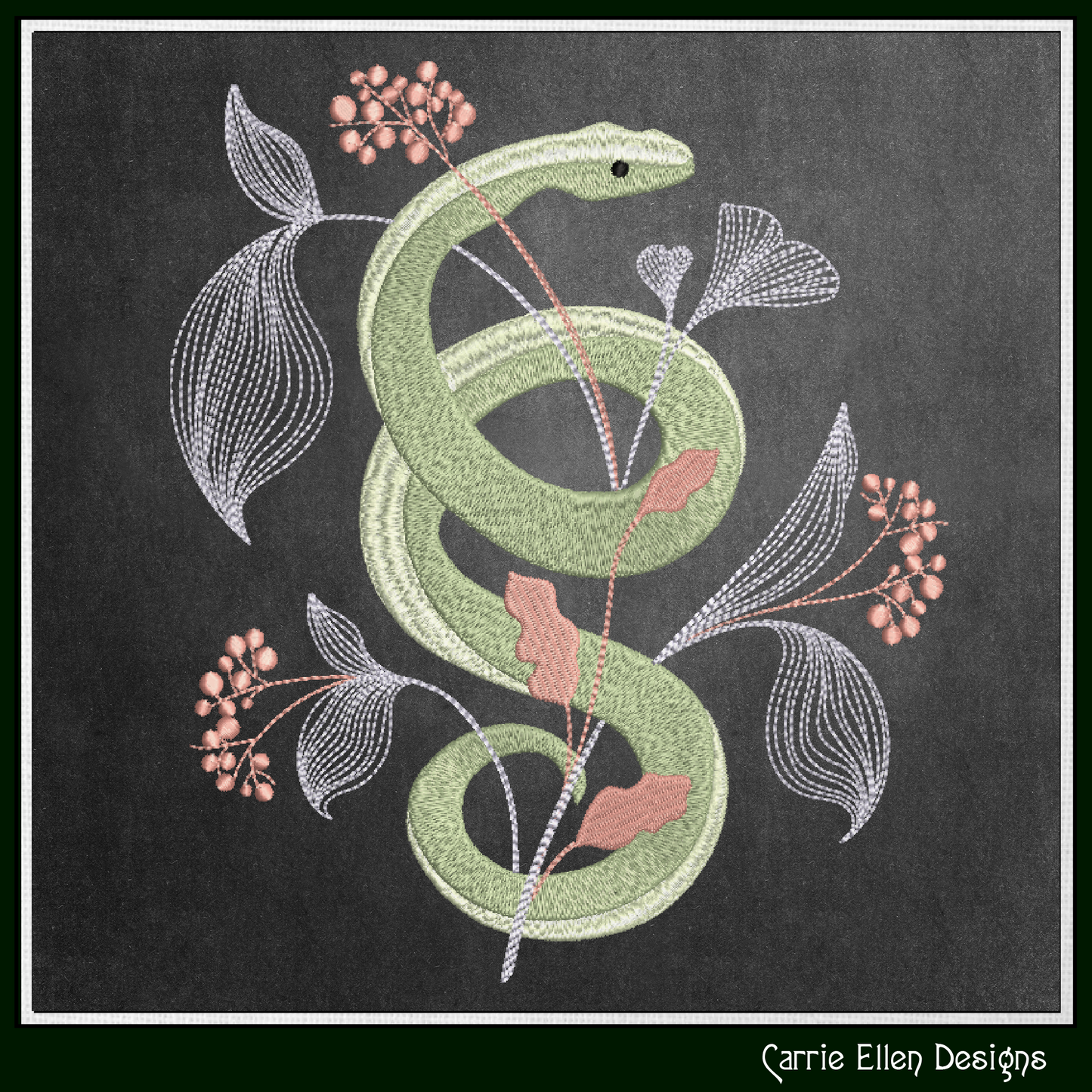 Decorative Snake Machine Embroidery Design, Snake Entwined with Leaves and Flowers, 6 Sizes (3205)