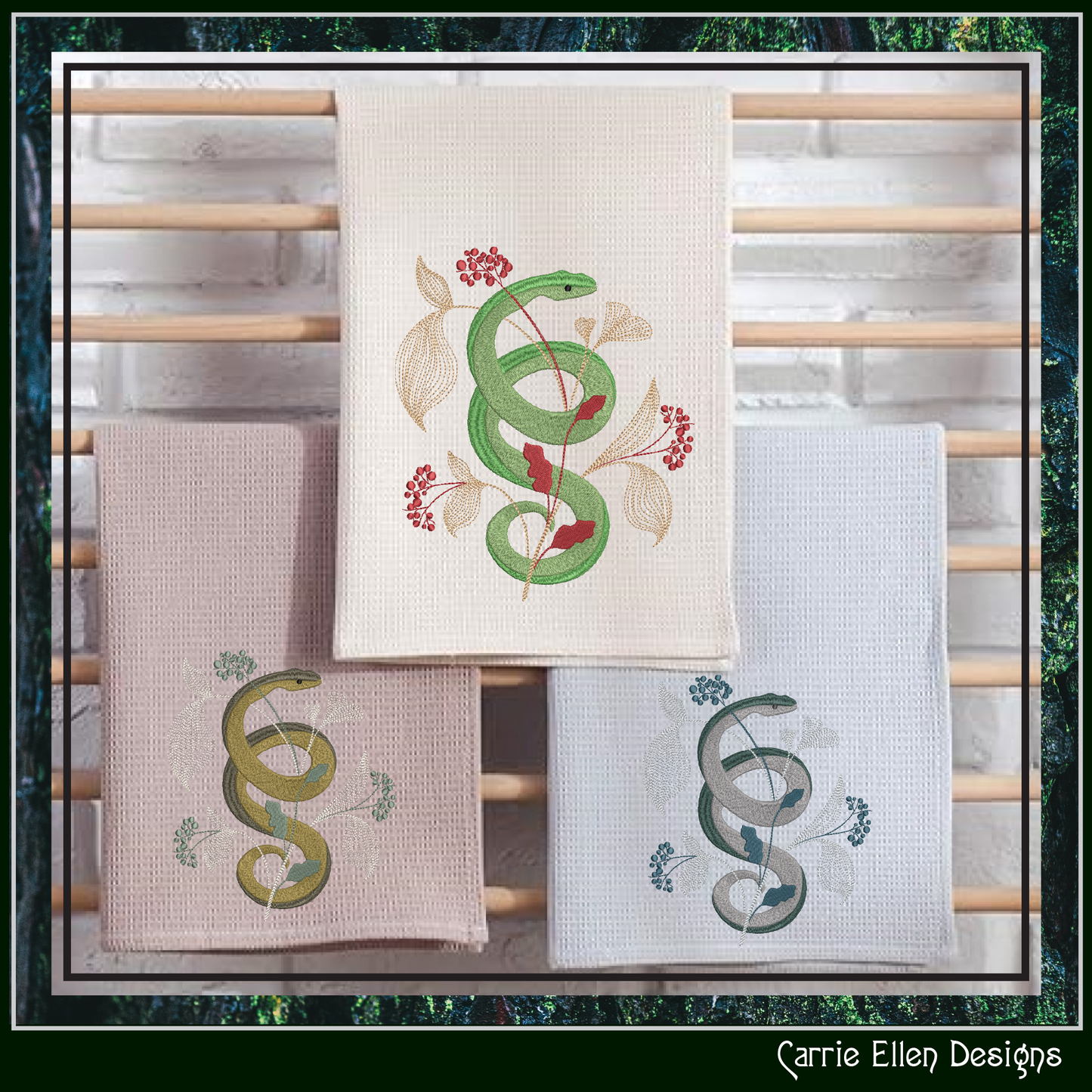Decorative Snake Machine Embroidery Design, Snake Entwined with Leaves and Flowers, 6 Sizes (3205)