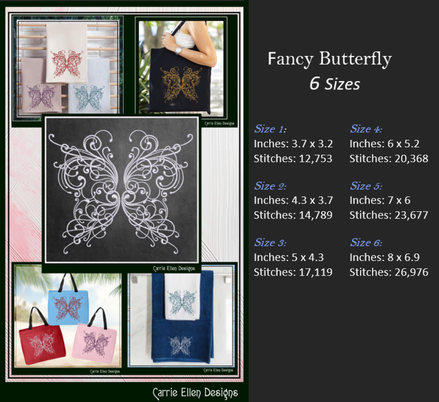 Butterfly Machine Embroidery Design, Swirled Winged Floral Winged Decorative Butterfly Pattern, 6 Sizes (3213)