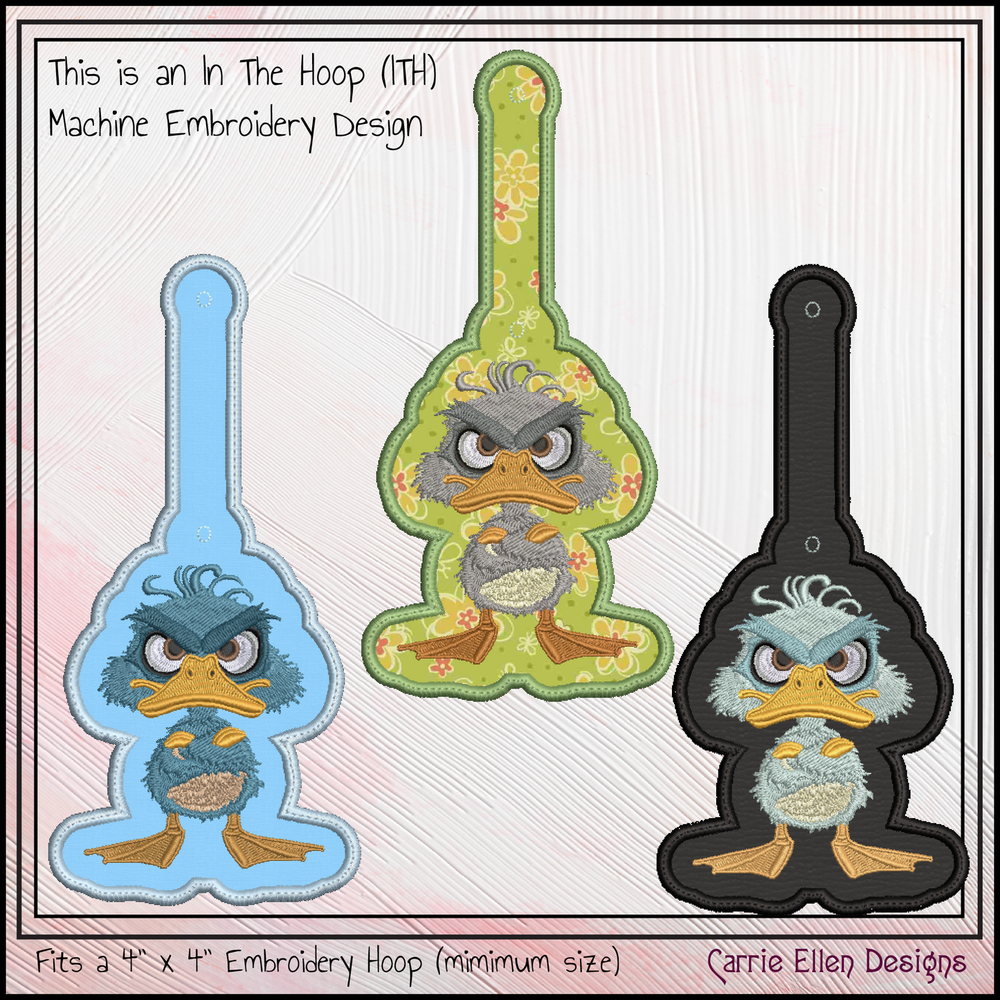 Angry Duck ITH Key Fob Machine Embroidery Design | Grumpy Duck In-The-Hoop Key Tag with Attitude (3248)