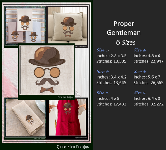 Proper English Gentleman Machine Embroidery Design, Classic Vintage Man With Brown Derby Hat, 6 Sizes (3266)
