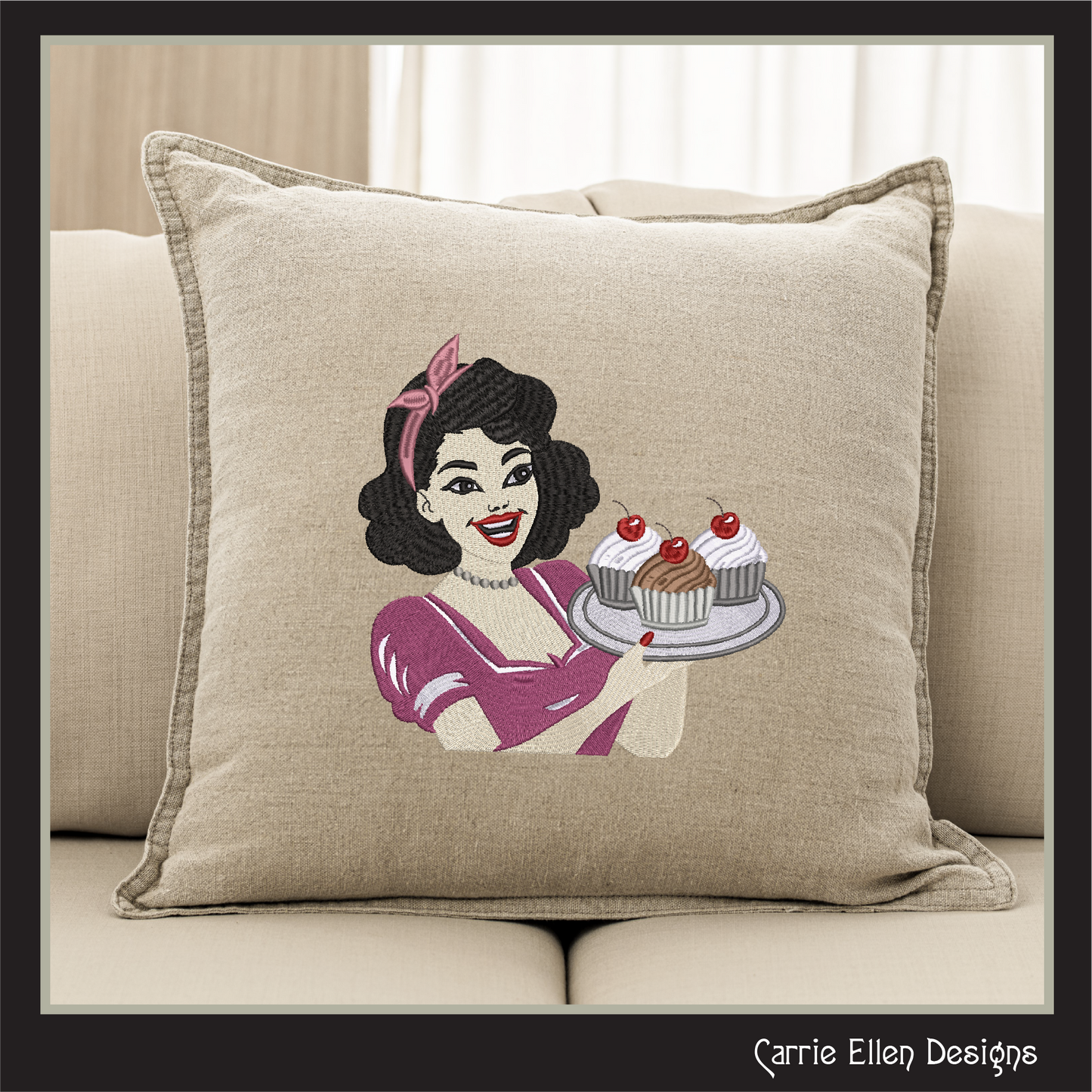 Housewife with Cupcakes Machine Embroidery Design, Vintage Woman with Baked Cakes, 50s Classic Mom, 6 Sizes (3280)