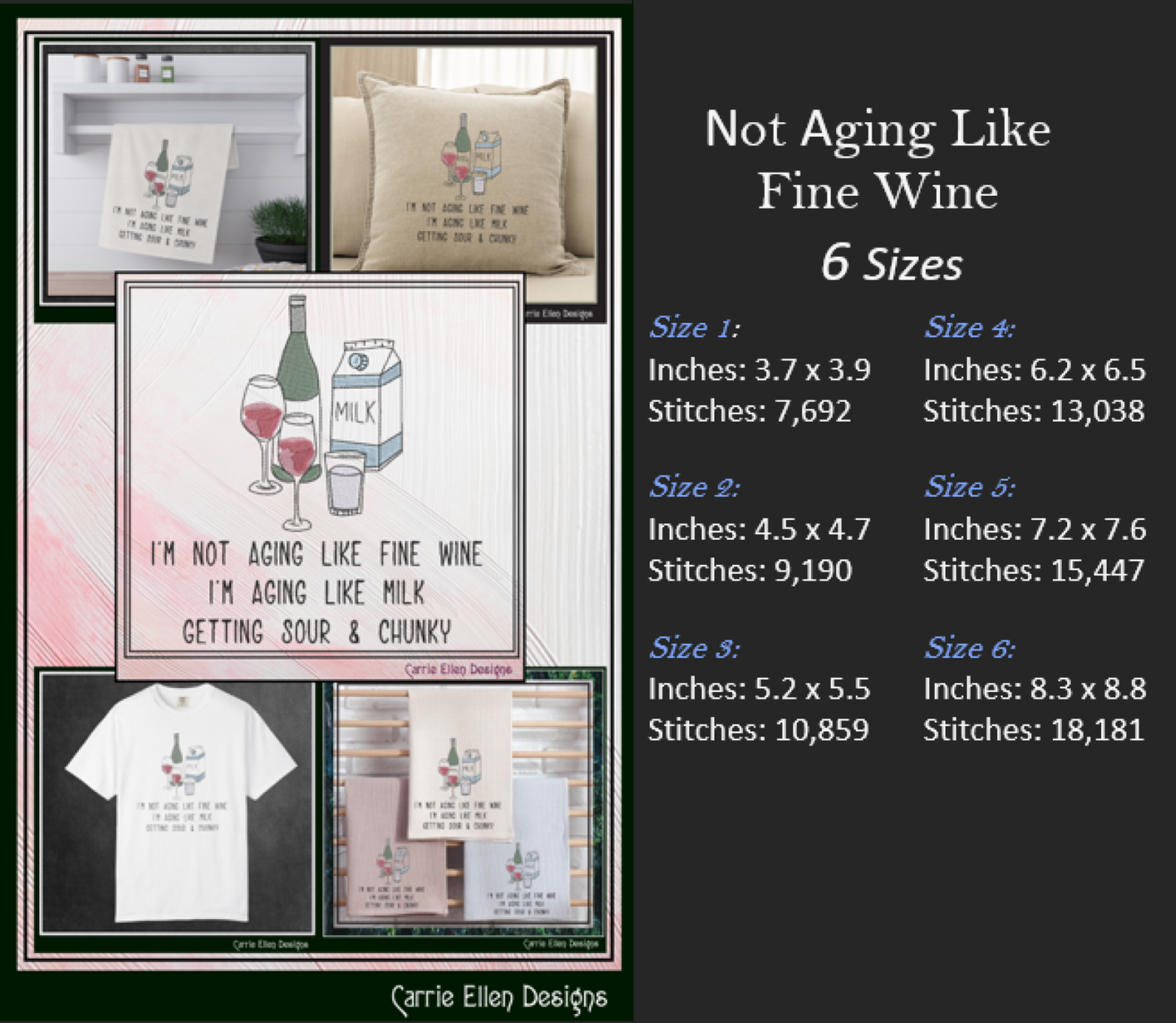 Not Aging Like Fine Wine Machine Embroidery Design – Fun and Snarky Wine Quote – 6 Sizes (3387)
