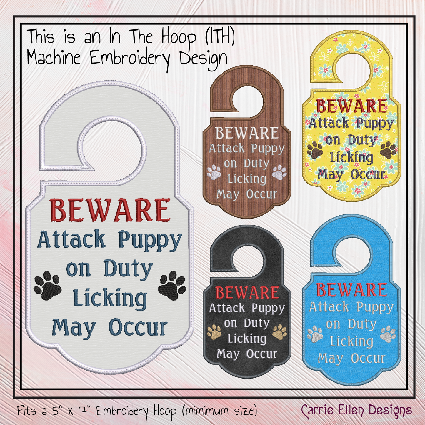 Attack Puppy On Duty ITH Door Knob Hanger Machine Embroidery Design – Dog Lover In-The-Hoop Door Sign (3393)
