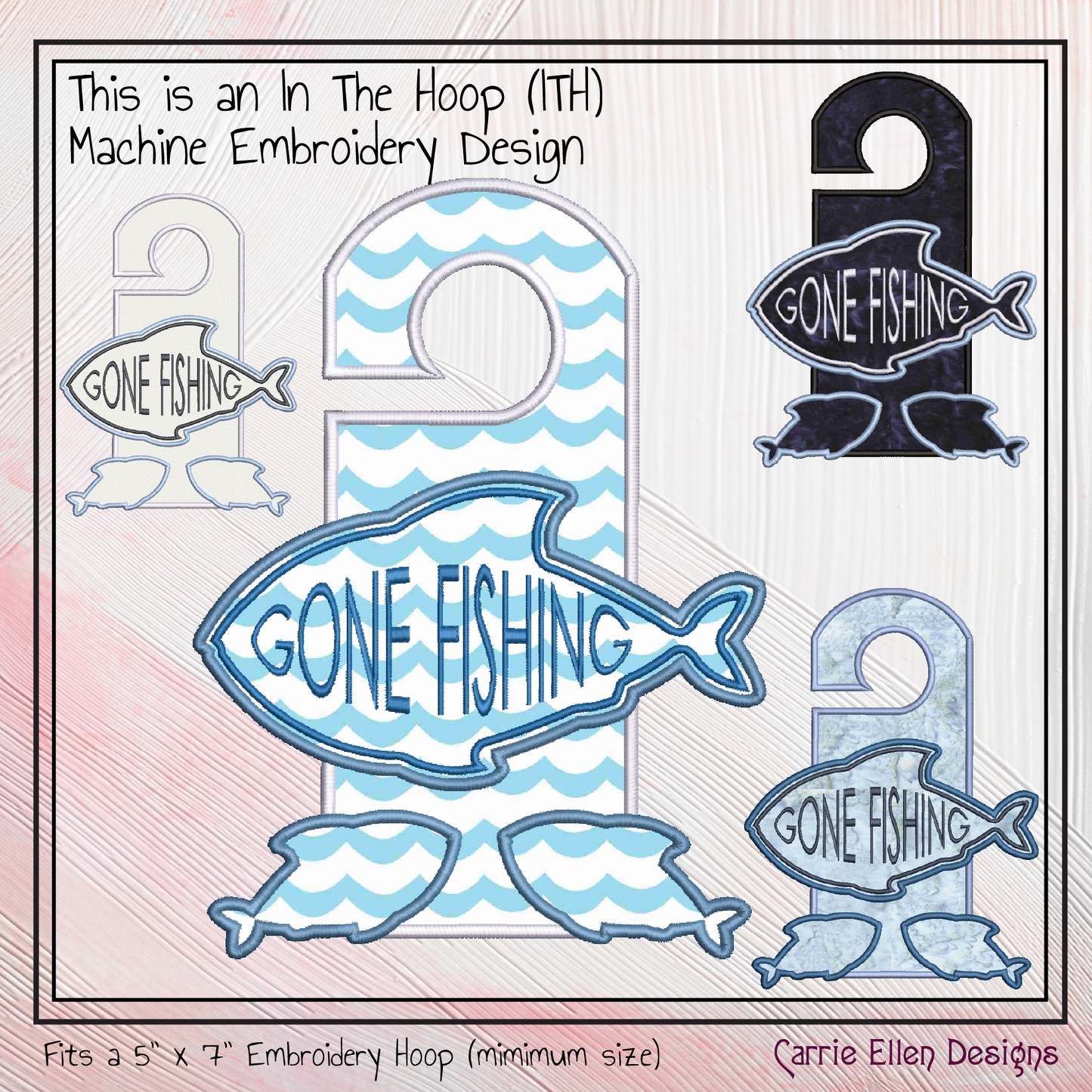 Gone Fishing ITH Door Knob Hanger Machine Embroidery Design – Angler Sport Fishing In The Hoop Door Sign (3401)
