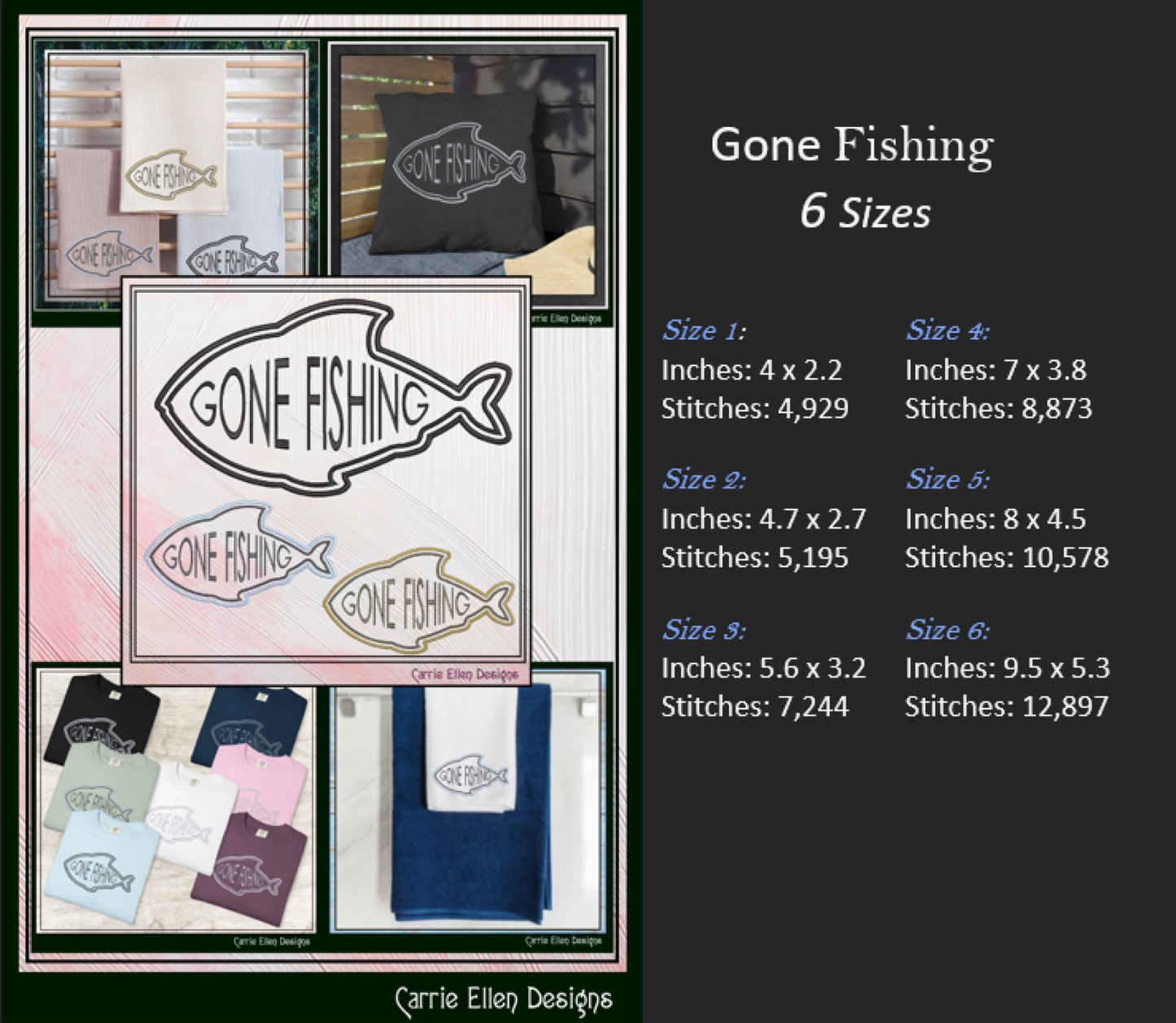 Gone Fishing Machine Embroidery Design – Fun Outdoor Emblem and Quote for Fishing Enthusiasts – 6 Sizes (3402)