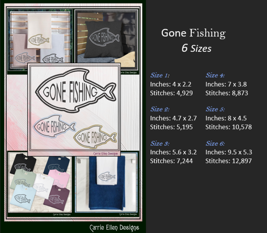 Gone Fishing Machine Embroidery Design – Fun Outdoor Emblem and Quote for Fishing Enthusiasts – 6 Sizes (3402)