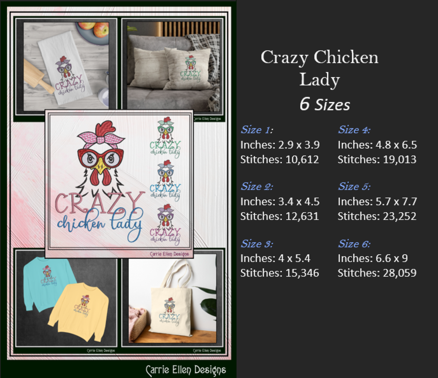 Crazy Chicken Lady Machine Embroidery Design – Funny Bird Saying | Sarcastic Farm Animal Humor, 6 Sizes (3430)