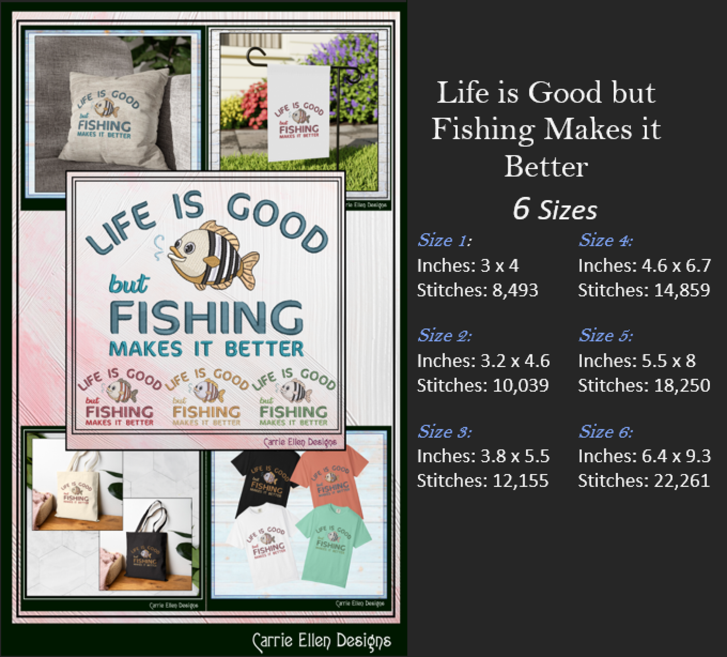 Life Good but Fishing is Better Machine Embroidery Design – Funny Fishing Quote Pattern, 6 Sizes (3432)