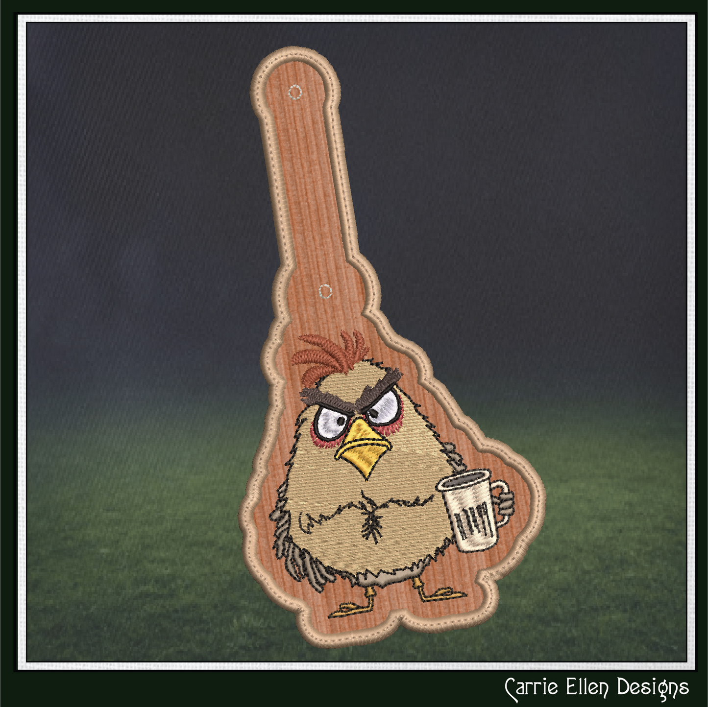 Grumpy Bird ITH Key Fob Machine Embroidery Design | Coffee Loving Bird with Attitude In-The-Hoop Key Tag (3453)