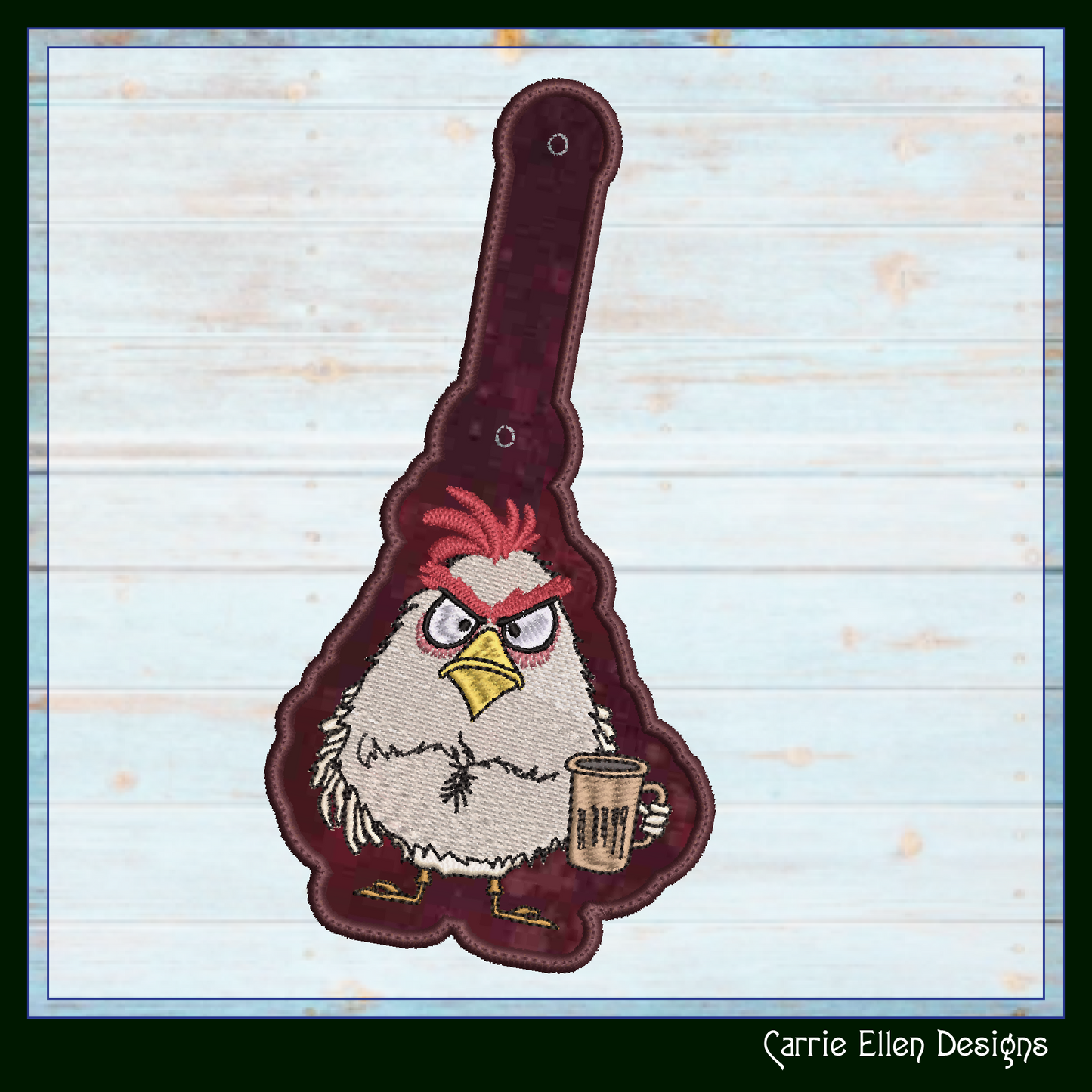 Grumpy Bird ITH Key Fob Machine Embroidery Design | Coffee Loving Bird with Attitude In-The-Hoop Key Tag (3453)