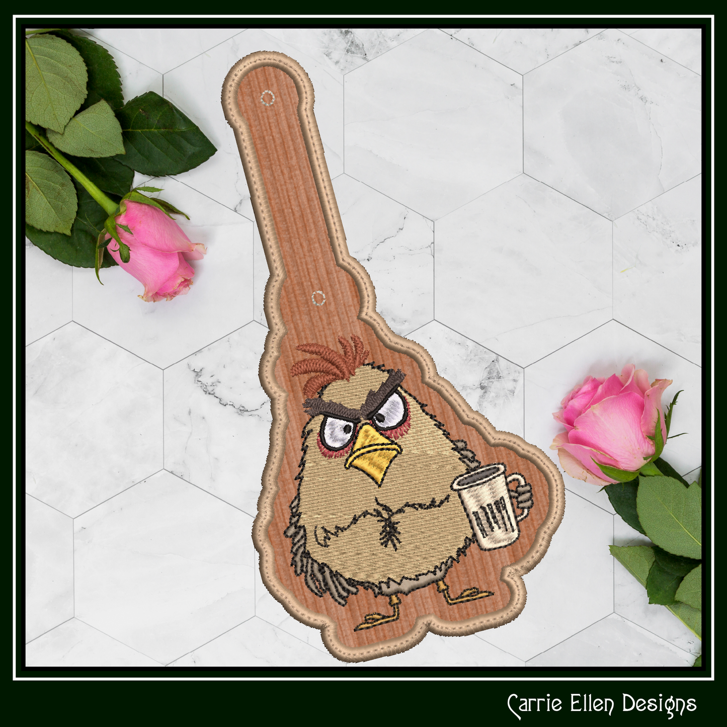 Grumpy Bird ITH Key Fob Machine Embroidery Design | Coffee Loving Bird with Attitude In-The-Hoop Key Tag (3453)