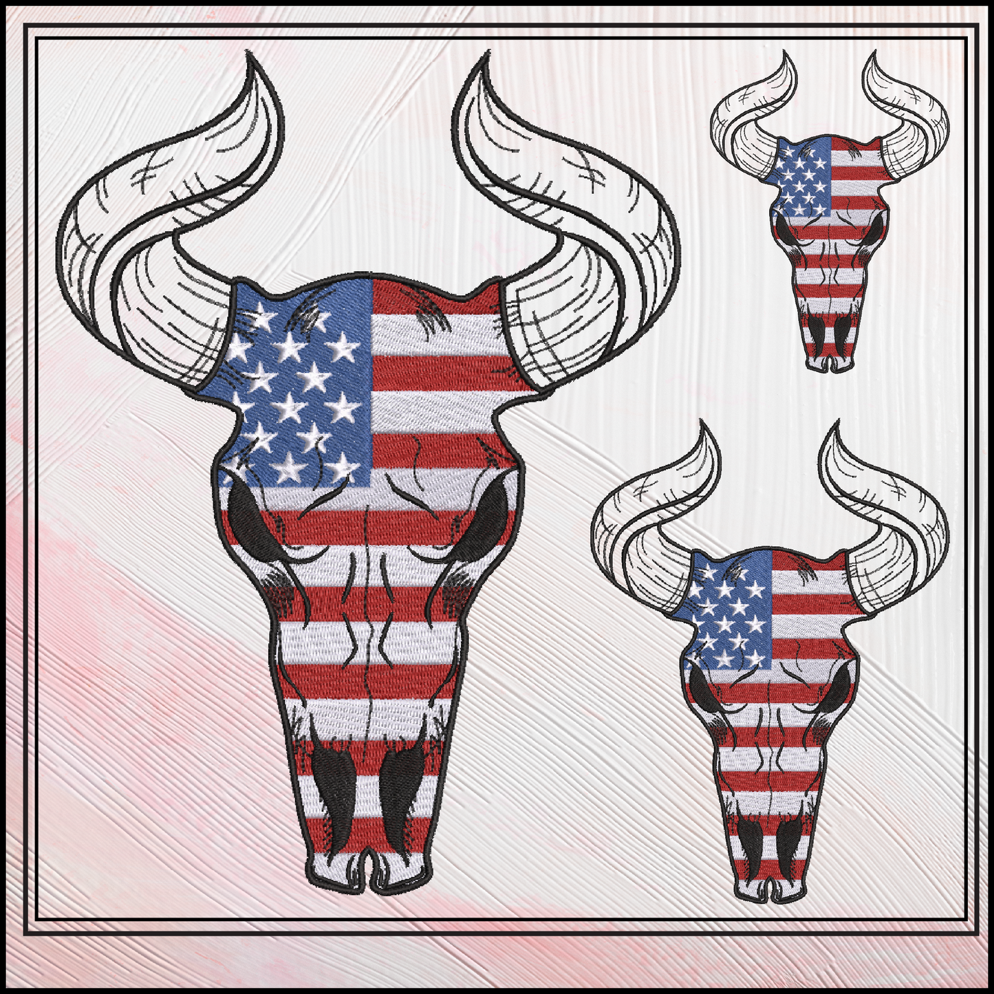 Patriotic Long Horned Skull Machine Embroidery Design – American Western Skull Pattern, 6 Sizes (3464)
