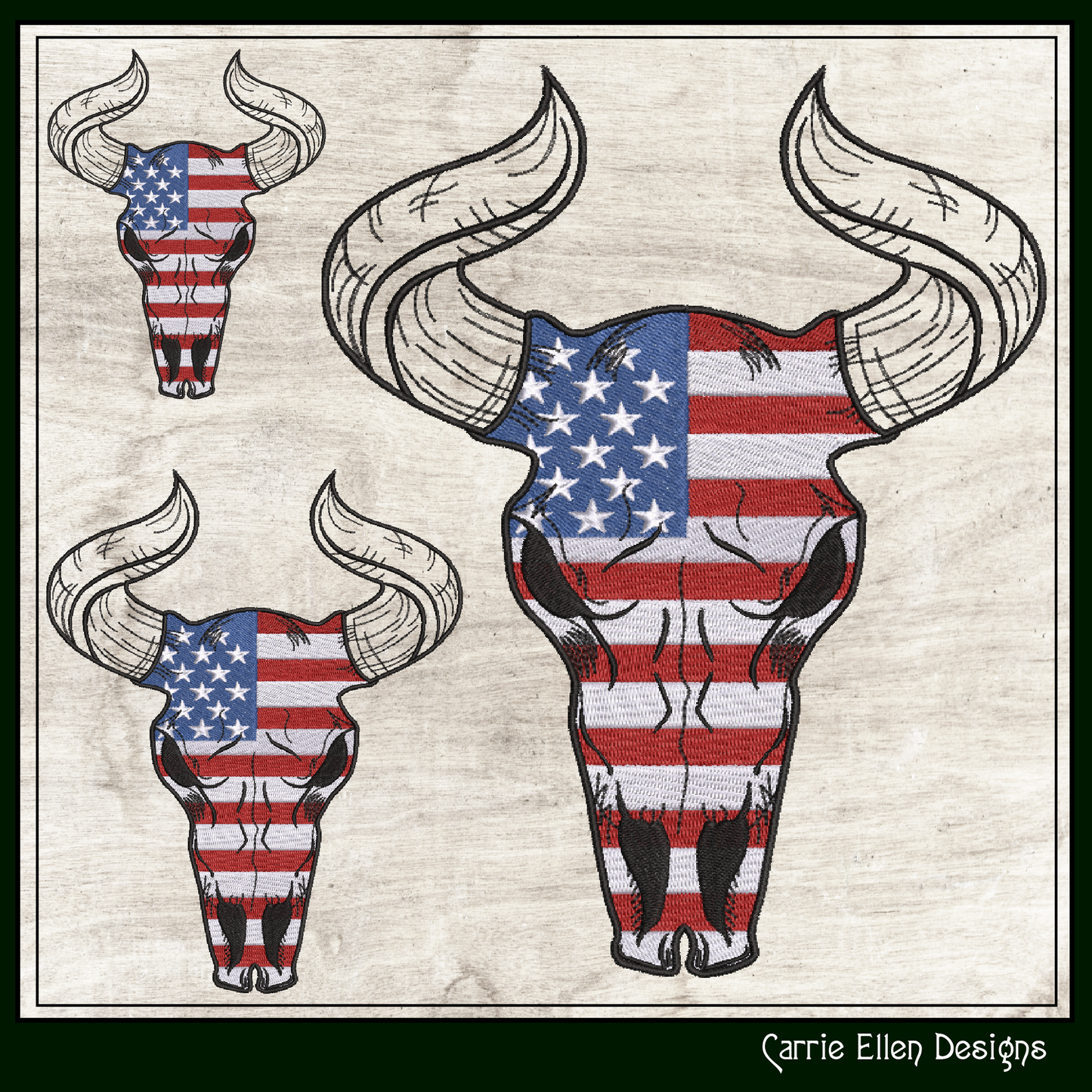 Patriotic Long Horned Skull Machine Embroidery Design – American Western Skull Pattern, 6 Sizes (3464)