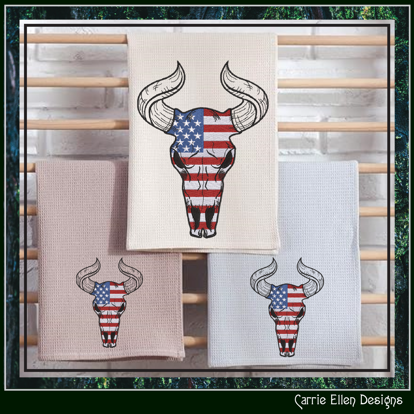 Patriotic Long Horned Skull Machine Embroidery Design – American Western Skull Pattern, 6 Sizes (3464)