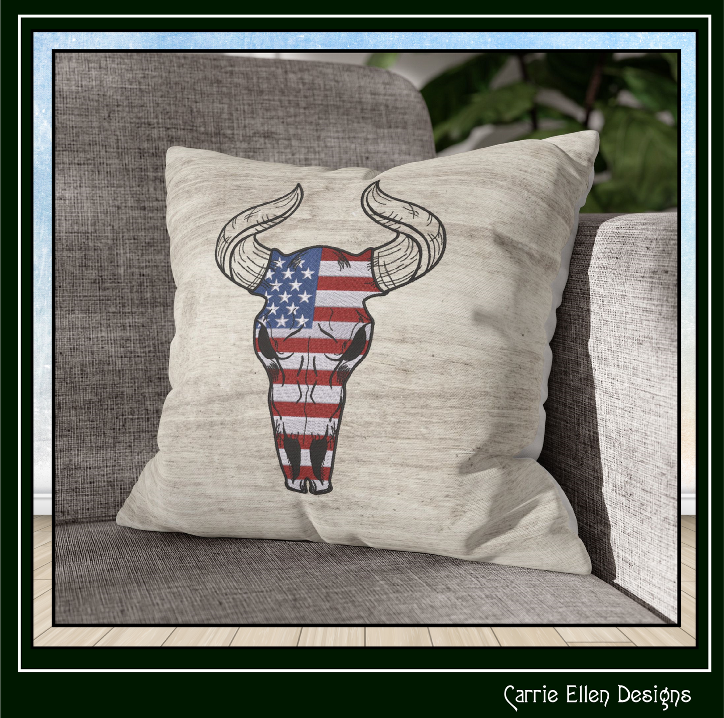 Patriotic Long Horned Skull Machine Embroidery Design – American Western Skull Pattern, 6 Sizes (3464)