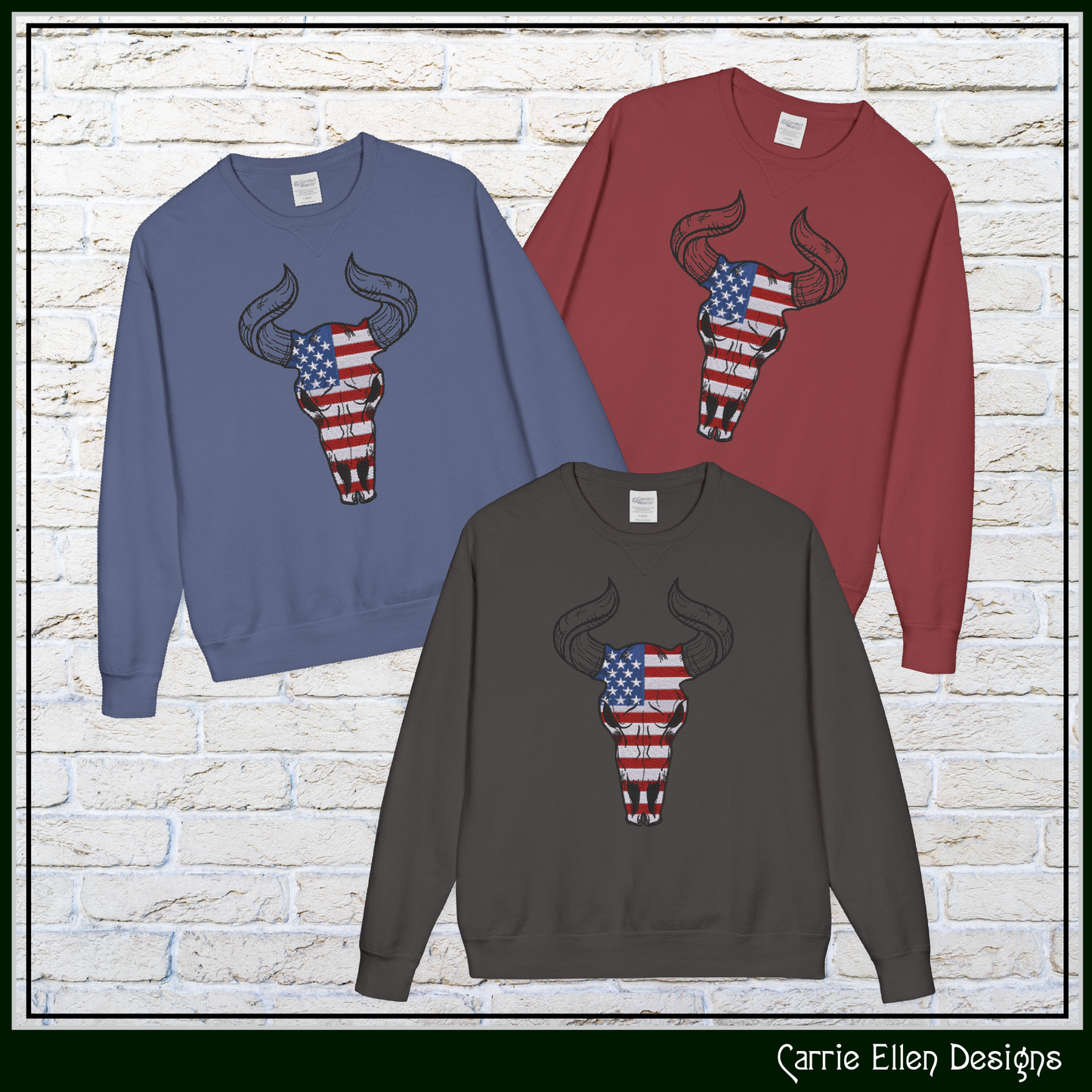 Patriotic Long Horned Skull Machine Embroidery Design – American Western Skull Pattern, 6 Sizes (3464)