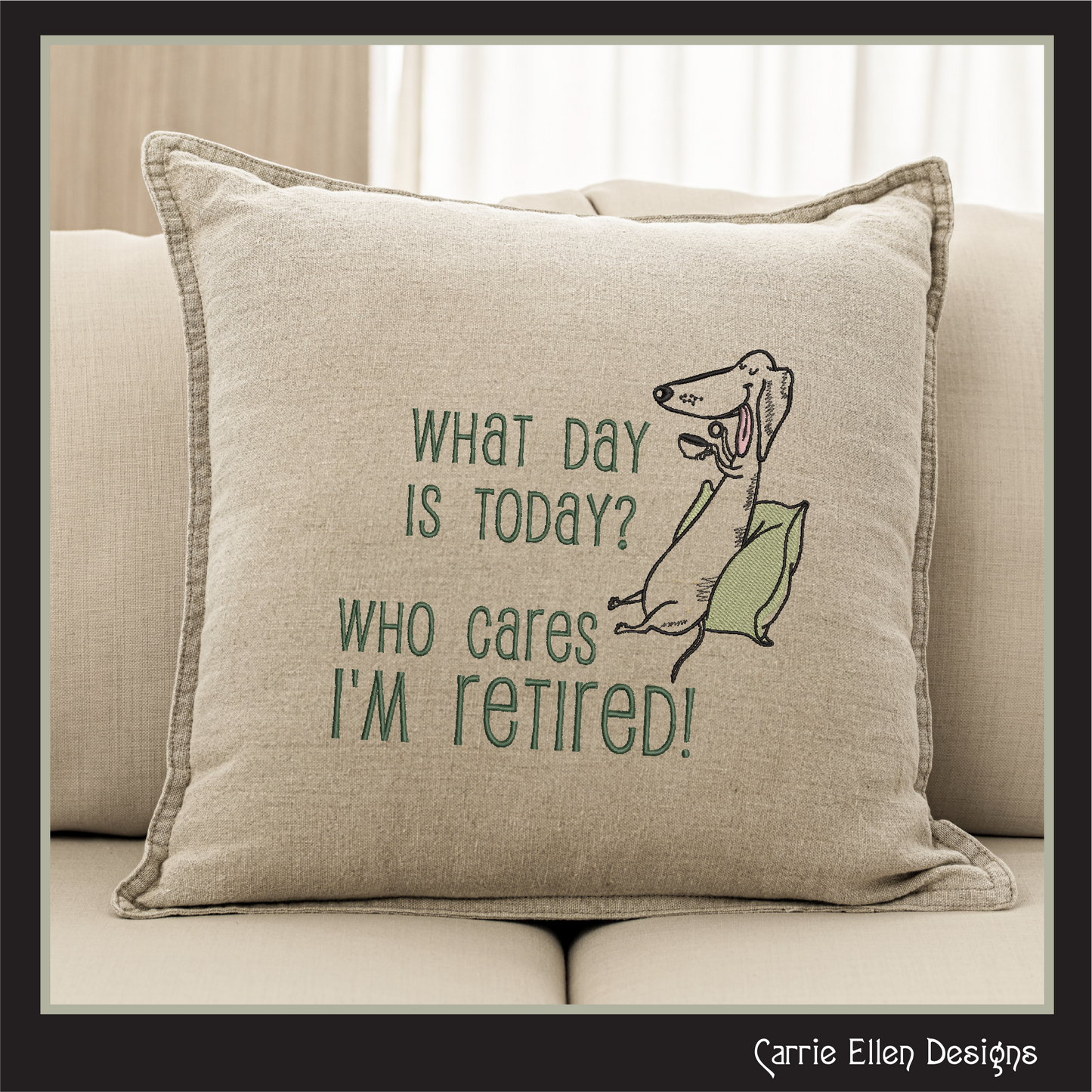 Who Cares Im Retired – Snarky Machine Embroidery Design Saying | Funny Retirement Saying with Dog, 6 Sizes (3495)