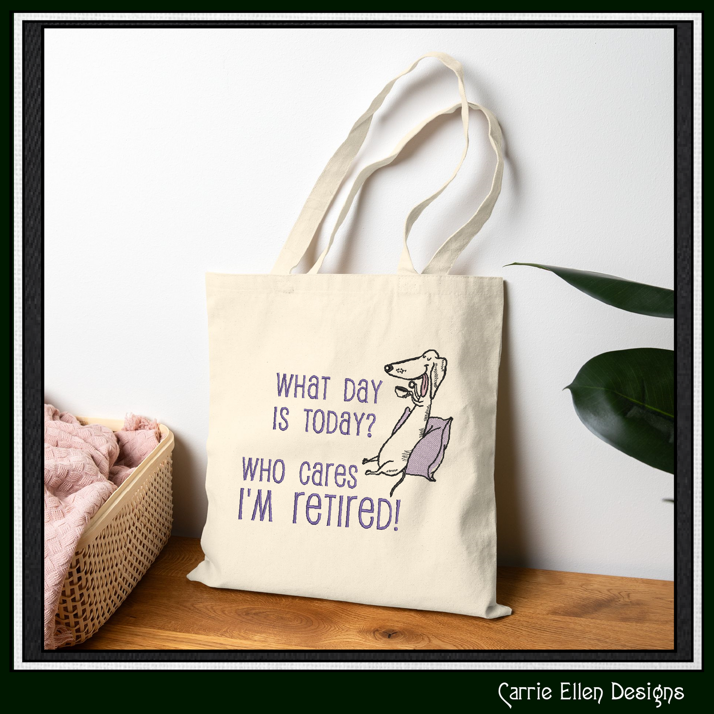 Who Cares Im Retired – Snarky Machine Embroidery Design Saying | Funny Retirement Saying with Dog, 6 Sizes (3495)
