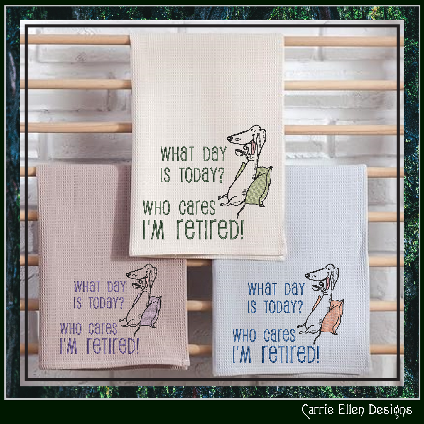 Who Cares Im Retired – Snarky Machine Embroidery Design Saying | Funny Retirement Saying with Dog, 6 Sizes (3495)