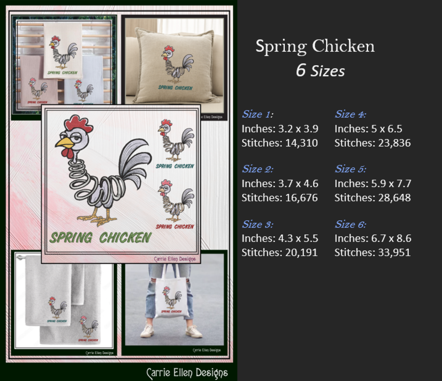 Spring Chicken Idiom Machine Embroidery Design – Adult Aging Humor, Funny Cartoon Chicken with Spring Body, 6 Sizes (3501)