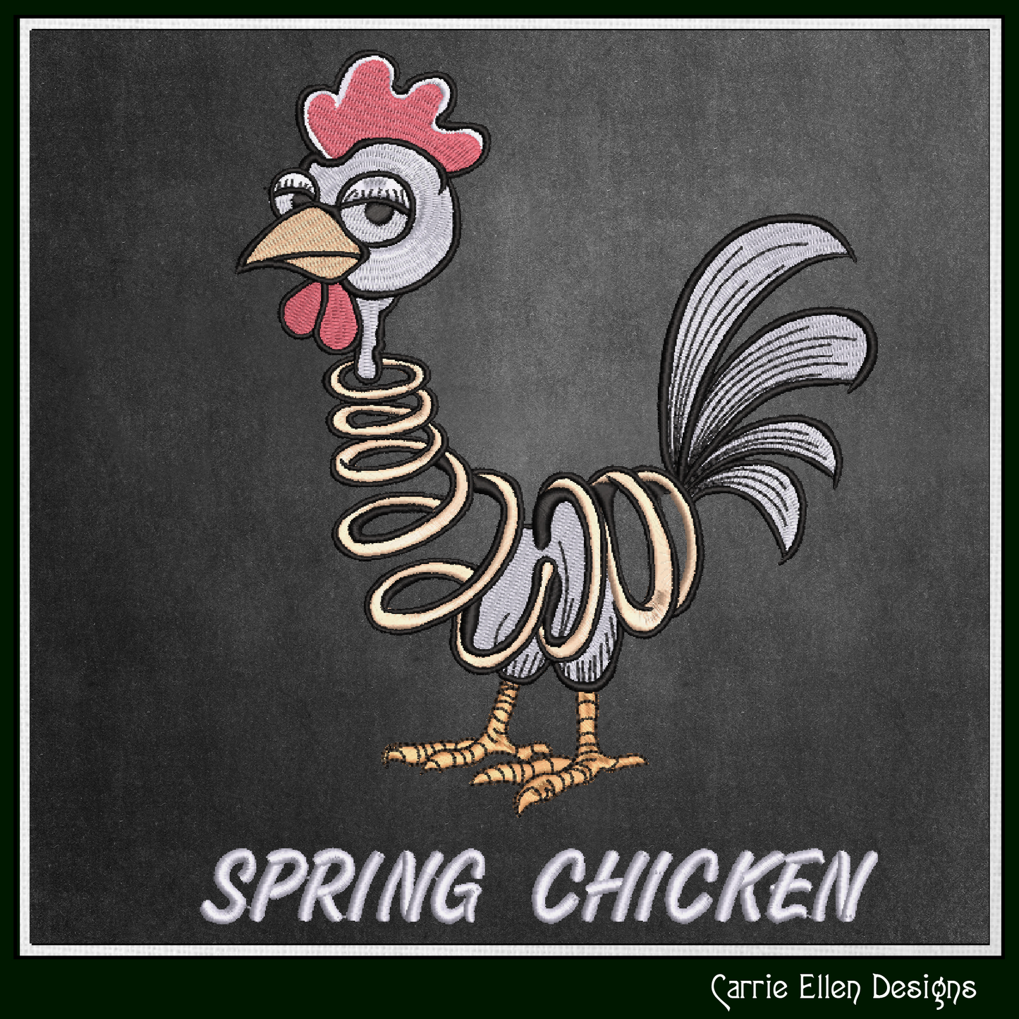 Spring Chicken Idiom Machine Embroidery Design – Adult Aging Humor, Funny Cartoon Chicken with Spring Body, 6 Sizes (3501)