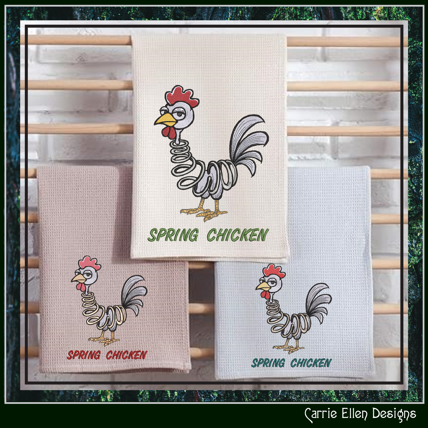 Spring Chicken Idiom Machine Embroidery Design – Adult Aging Humor, Funny Cartoon Chicken with Spring Body, 6 Sizes (3501)