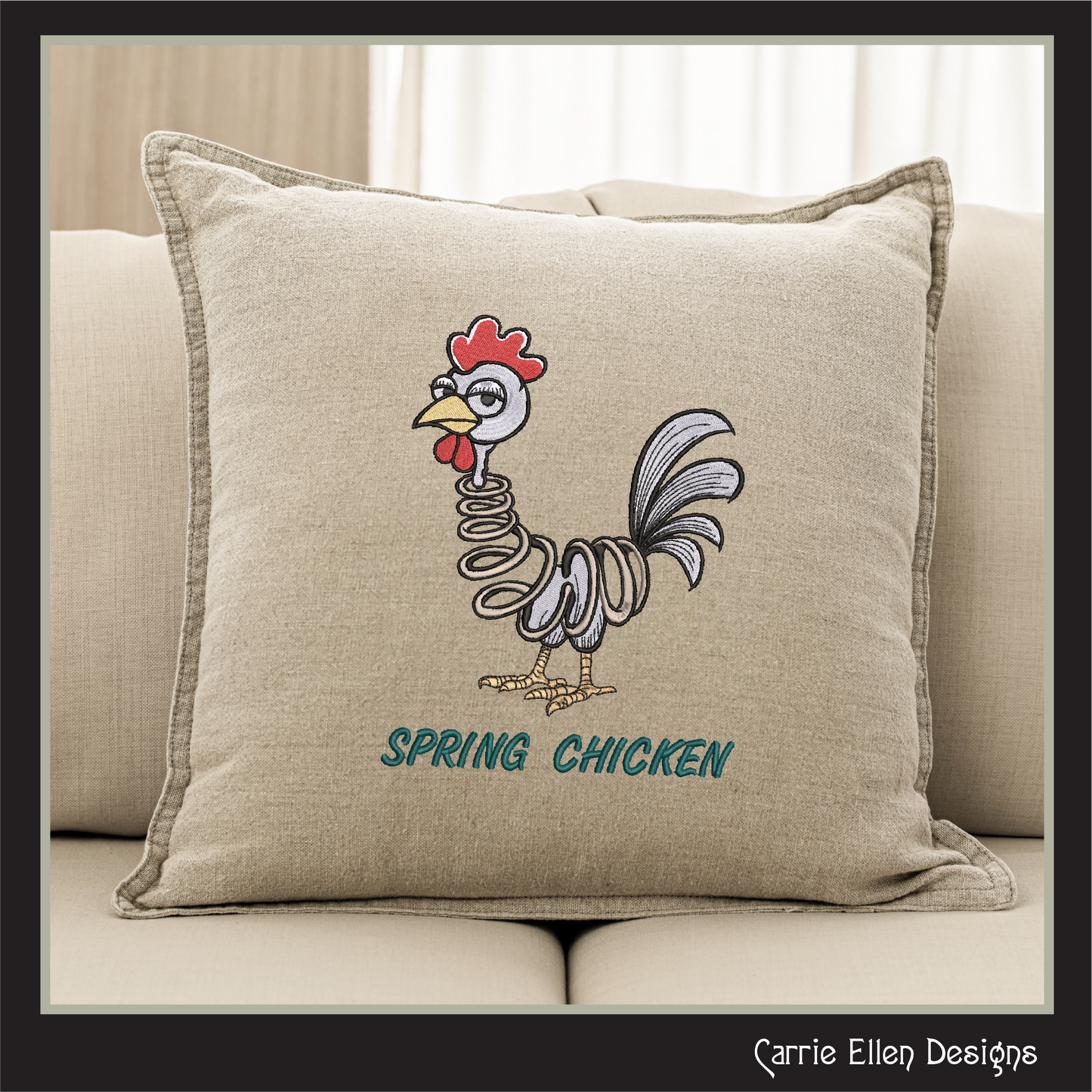 Spring Chicken Idiom Machine Embroidery Design – Adult Aging Humor, Funny Cartoon Chicken with Spring Body, 6 Sizes (3501)
