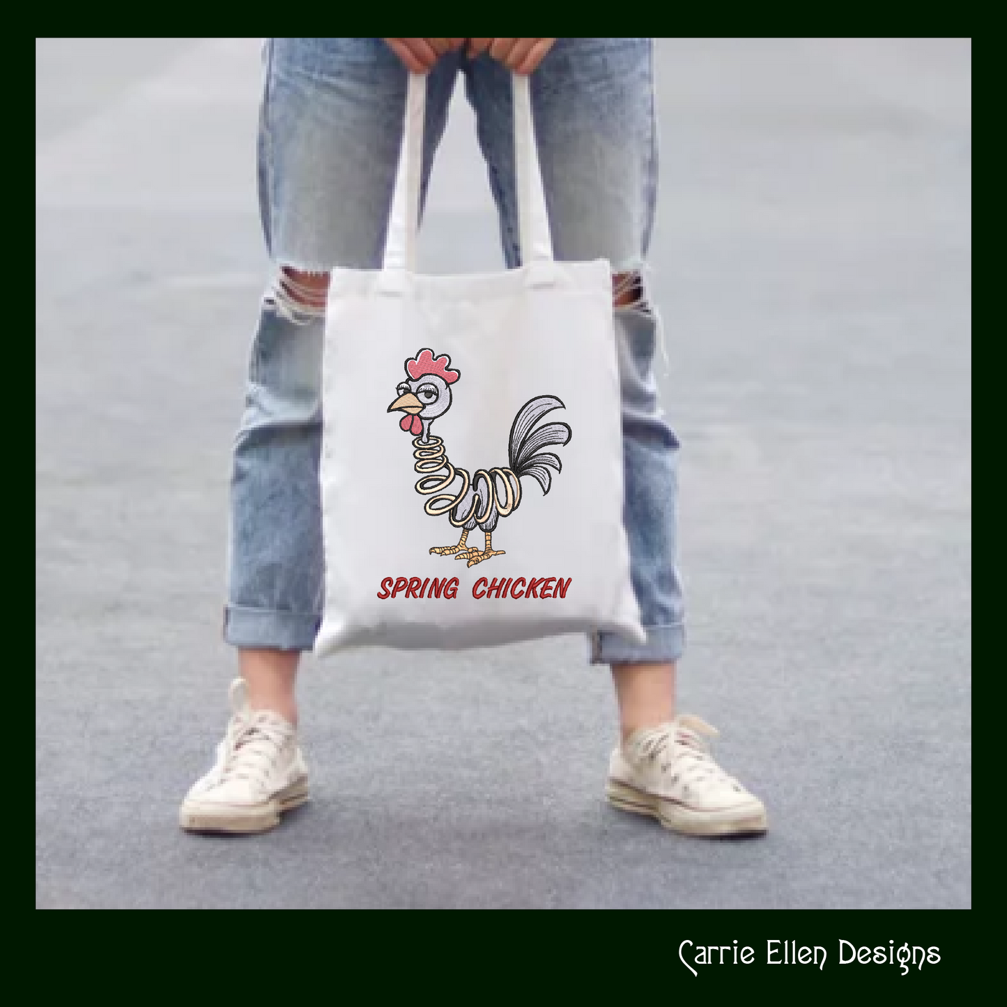 Spring Chicken Idiom Machine Embroidery Design – Adult Aging Humor, Funny Cartoon Chicken with Spring Body, 6 Sizes (3501)