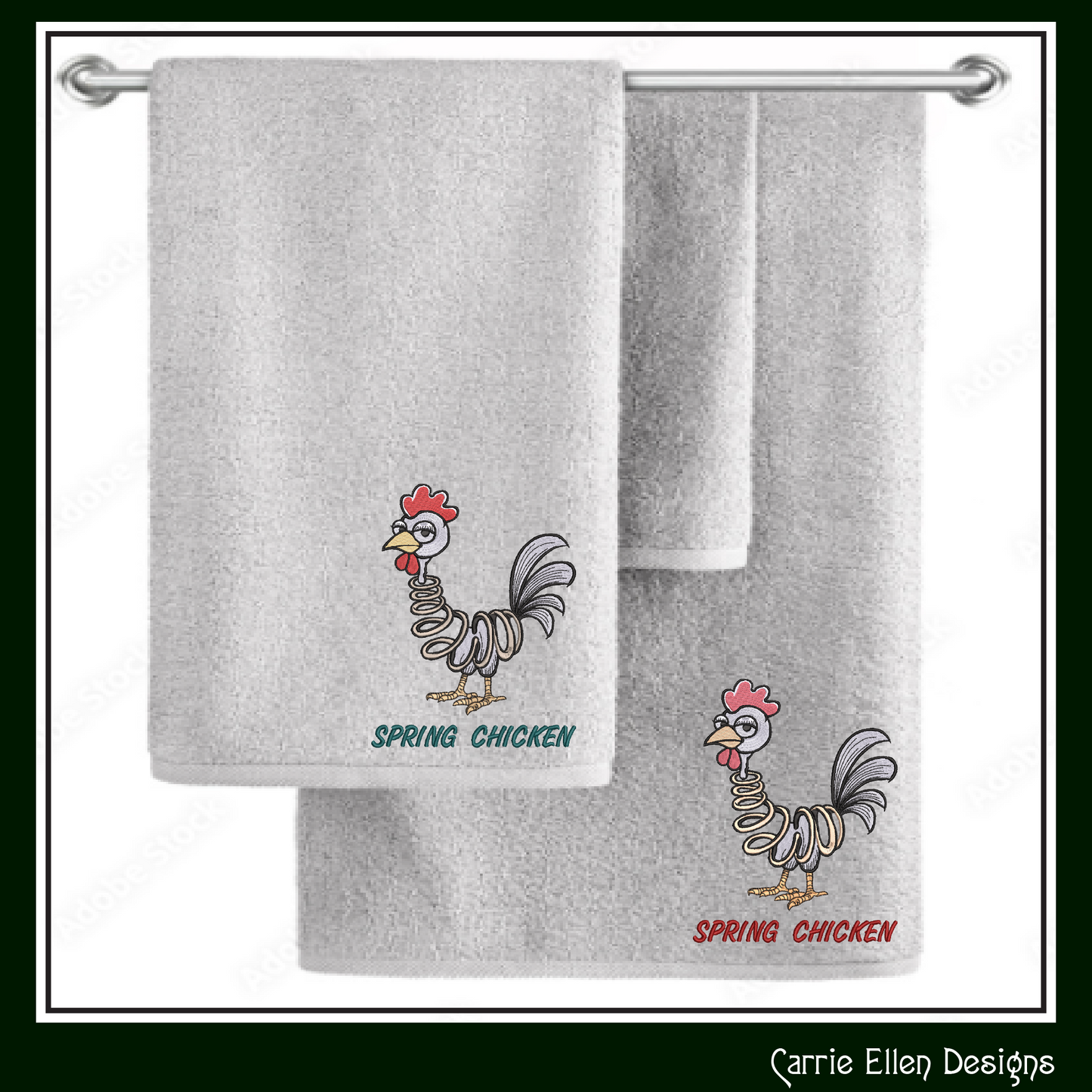 Spring Chicken Idiom Machine Embroidery Design – Adult Aging Humor, Funny Cartoon Chicken with Spring Body, 6 Sizes (3501)