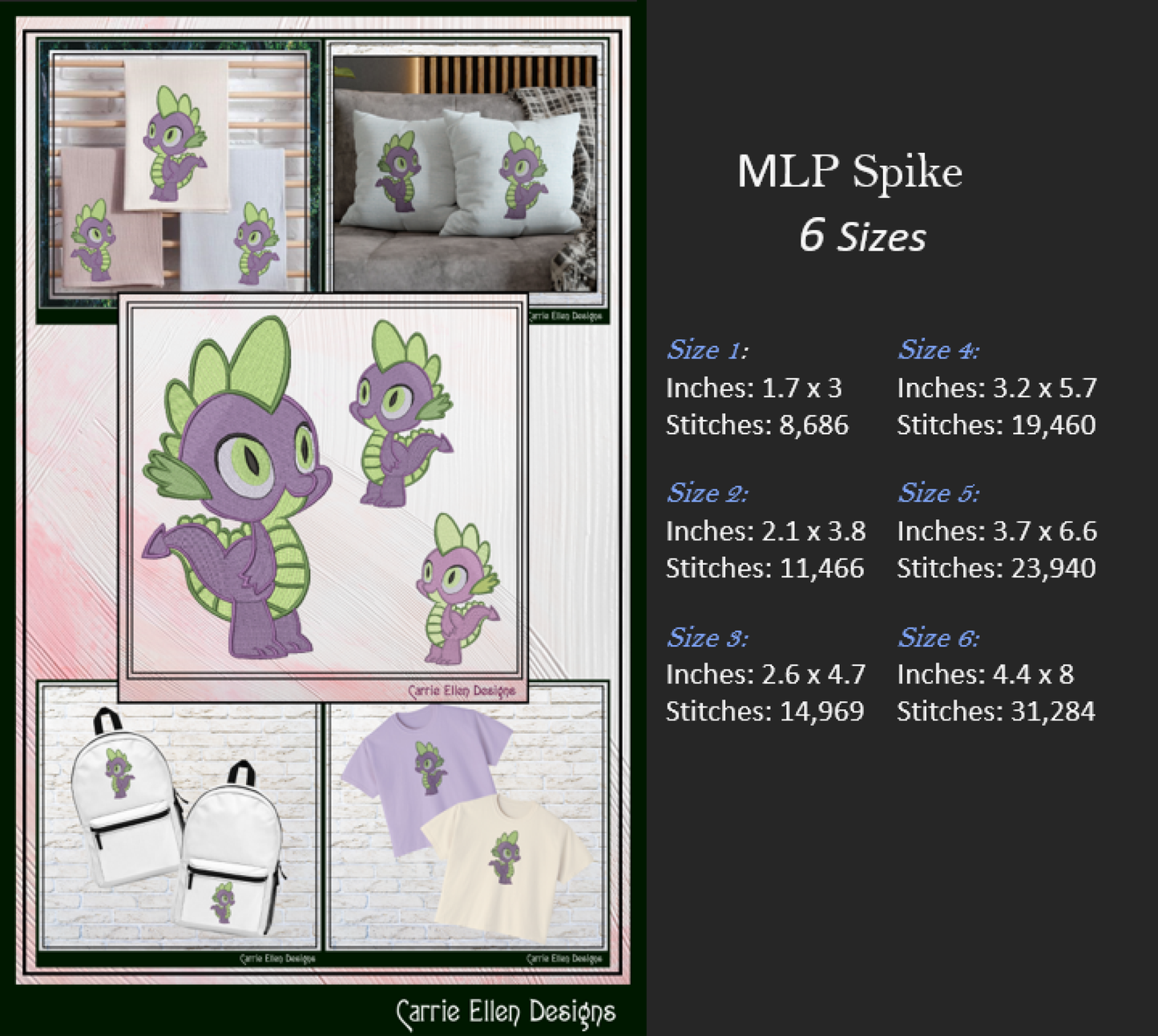 MLP Spike Machine Embroidery Design | My Little Pony Inspired Dragon Character, 6 Sizes (3572)